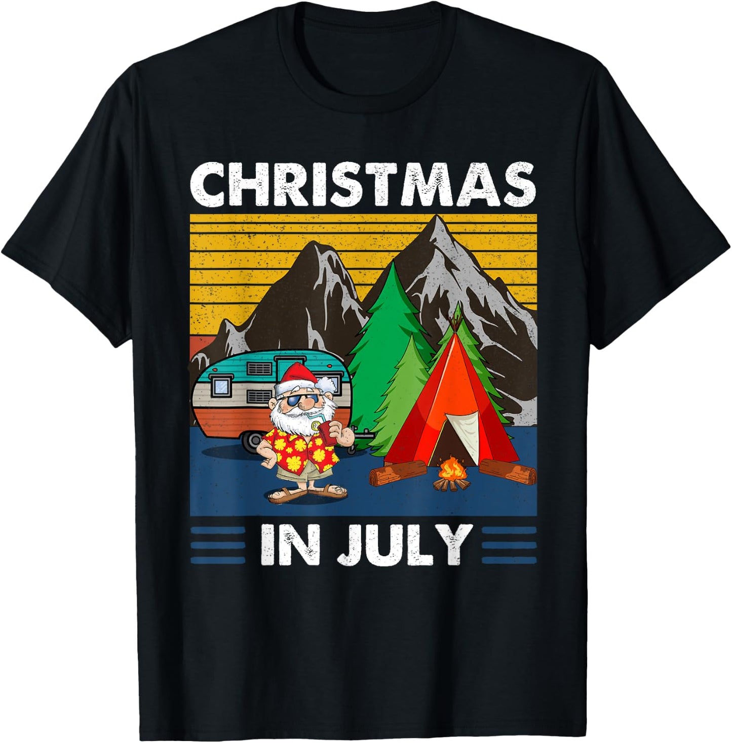 Vintage Santa with Camping Tent Fire Camp Christmas in July T-Shirt - T-Shirt | Black
