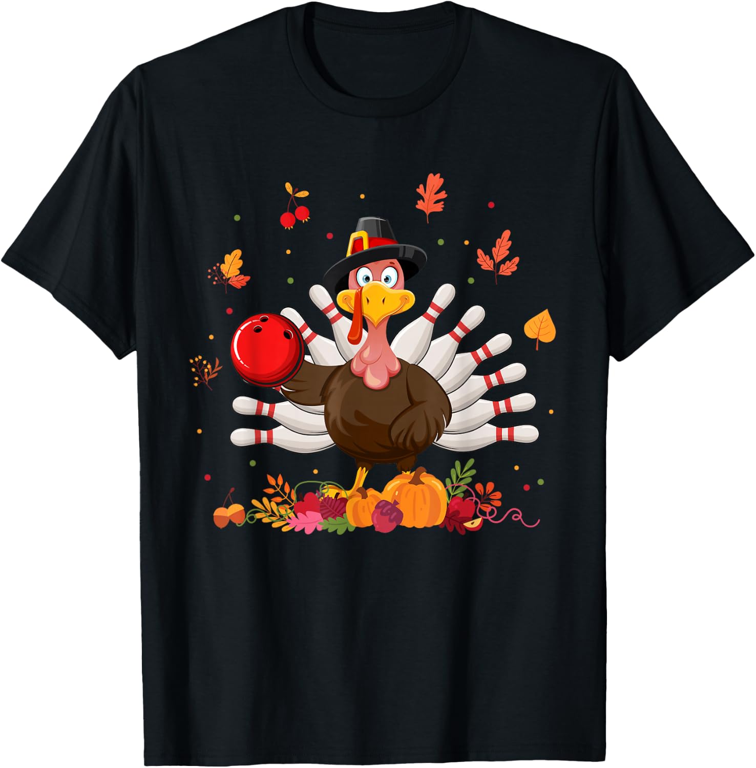 Happy Thanksgiving Turkey Bowling Lover Fall Turkey Autumn T-Shirt - T-Shirt | Black