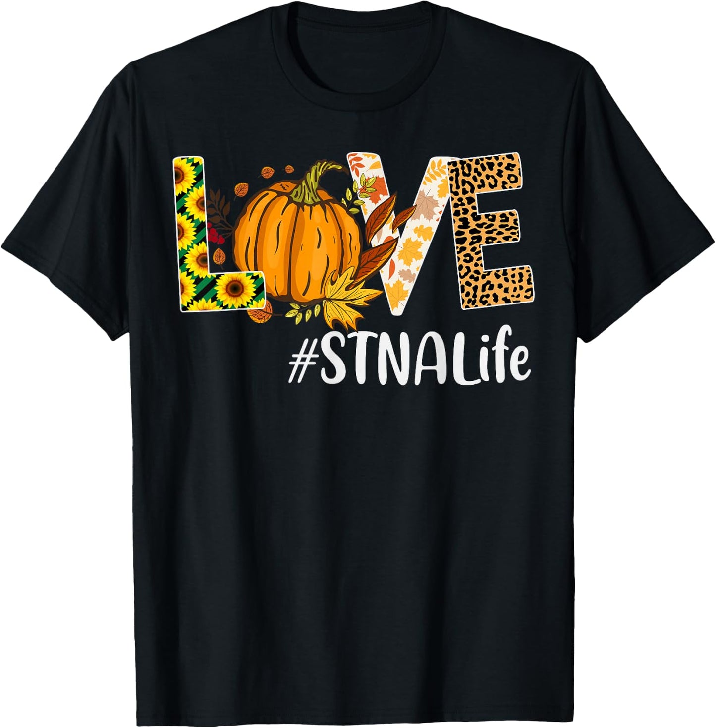 STNA Life Love Fall Pumpkin leopard Halloween Autumn T-Shirt - T-Shirt | Black