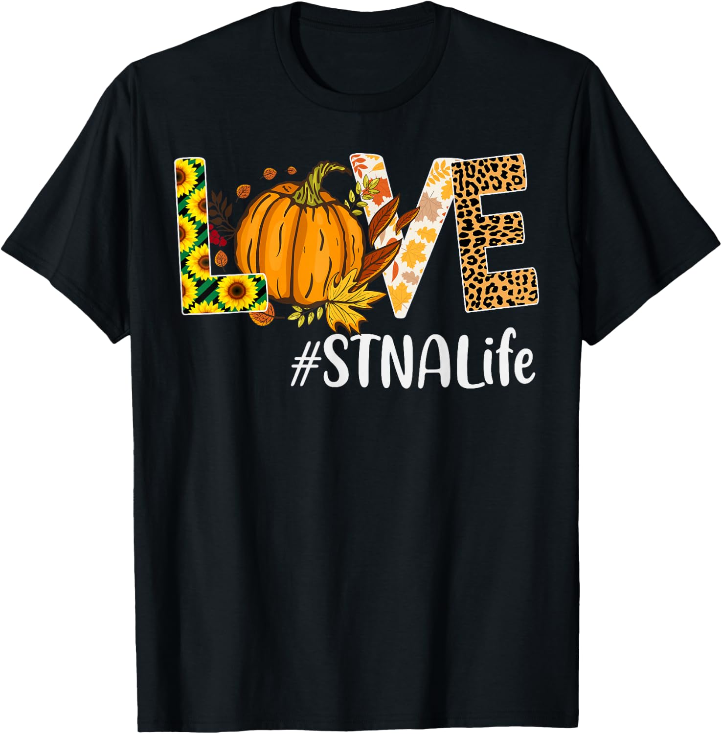 STNA Life Love Fall Pumpkin leopard Halloween Autumn T-Shirt - T-Shirt | Black