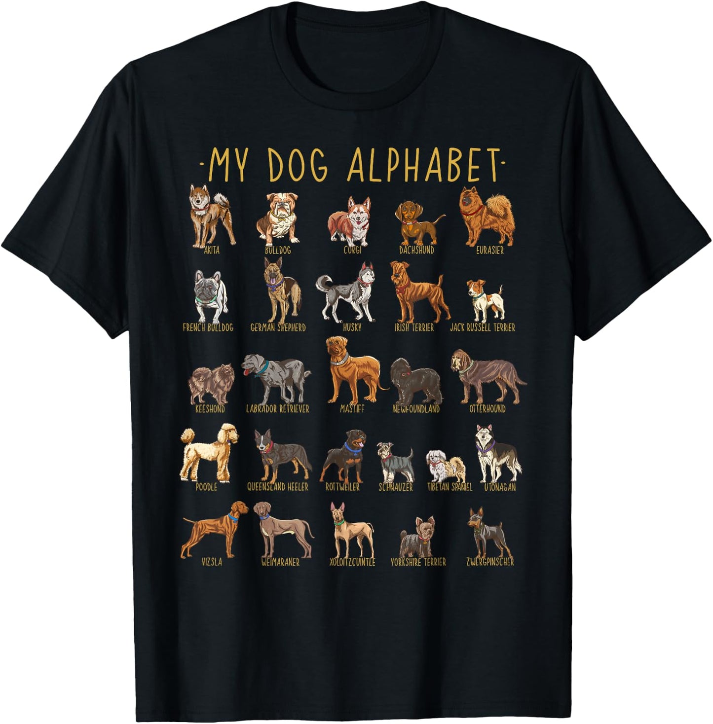 Types Of Dogs Alphabet - Dog Identification - A-Z ABC T-Shirt - T-Shirt | Black