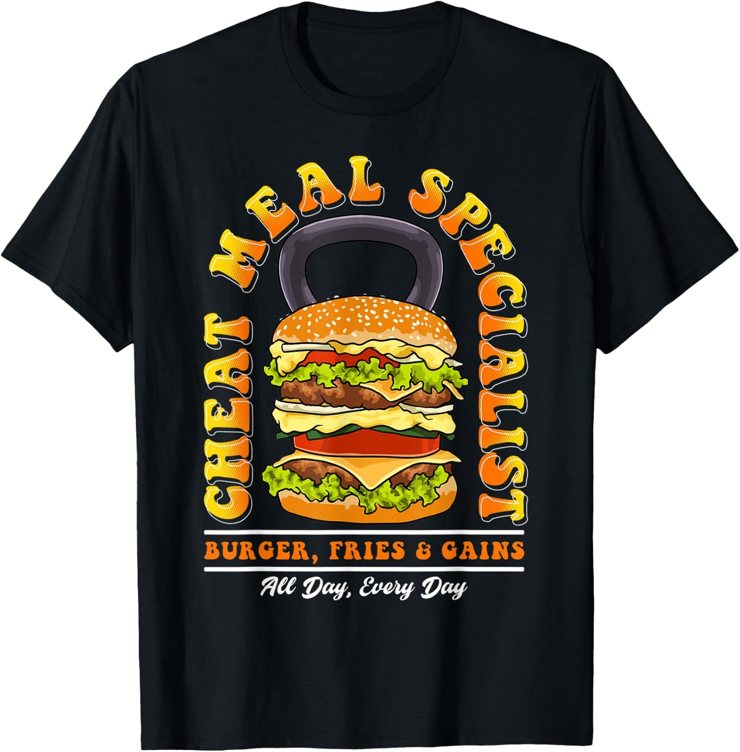 Cheat Meal Specialist Quote Burger Kettlebell Fitness Funny T-Shirt - T-Shirt | Black
