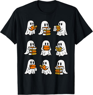 Ghost Reading Book Halloween Librarian Teacher Book Lover T-Shirt - T-Shirt | Black