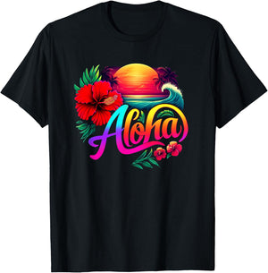 Aloha Hawaii Retro Sunset Vintage Hawaiian Beach Flower T-Shirt - T-Shirt | Black
