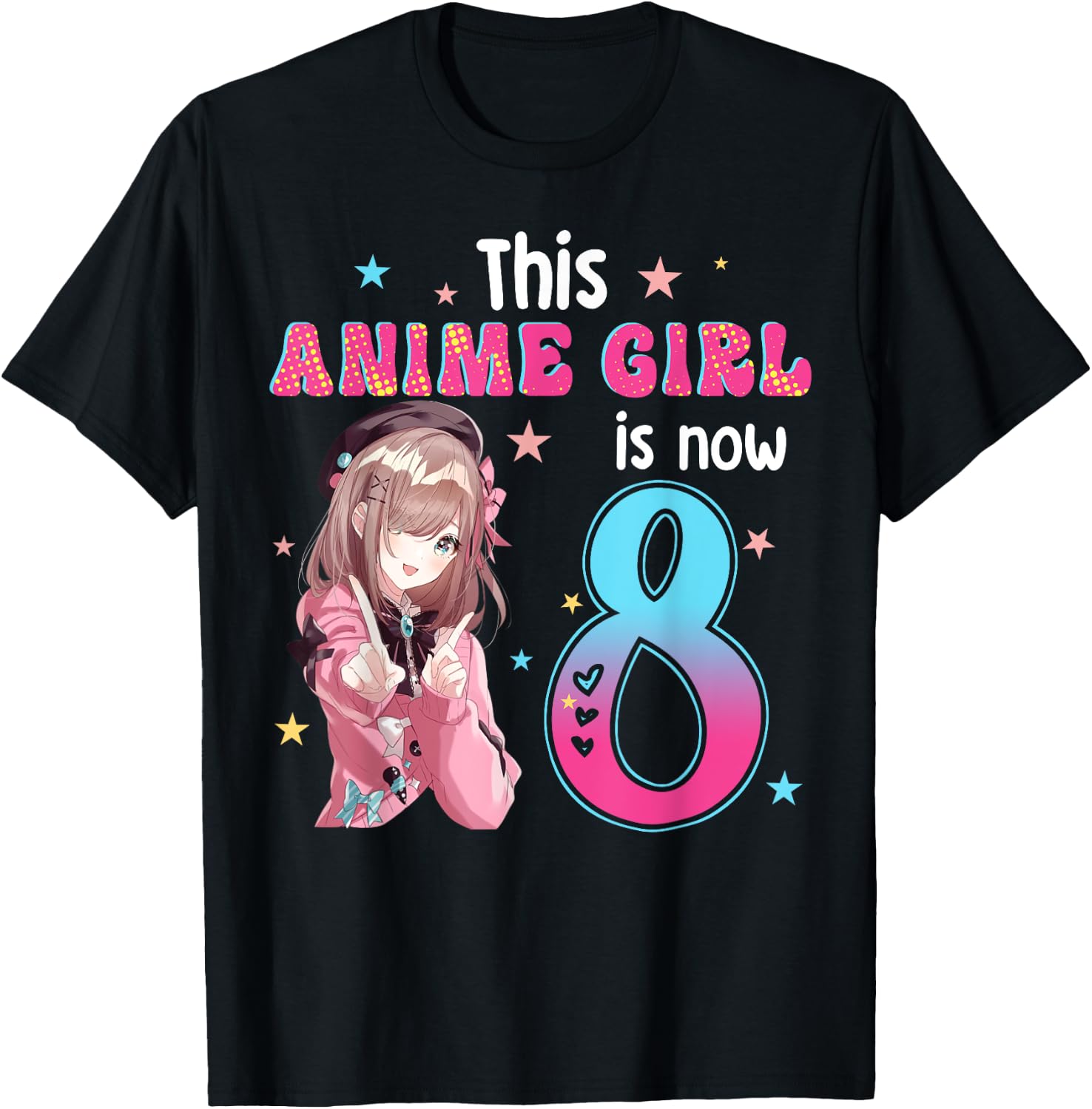 8 Years Old Girl Kawaii Gifts Anime Girl 8th Birthday Kids T-Shirt - T-Shirt | Black