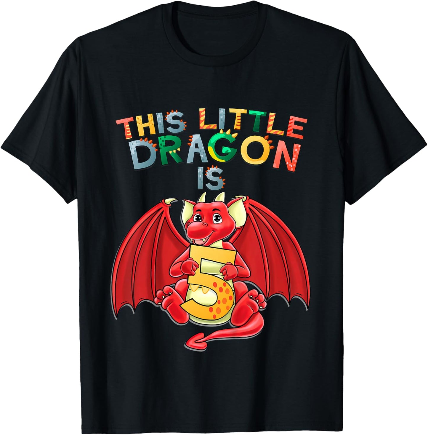 Kids This Little Dragon Is 5 Dragon 5th Birthday 5 Year Old Boy T-Shirt - T-Shirt | Black