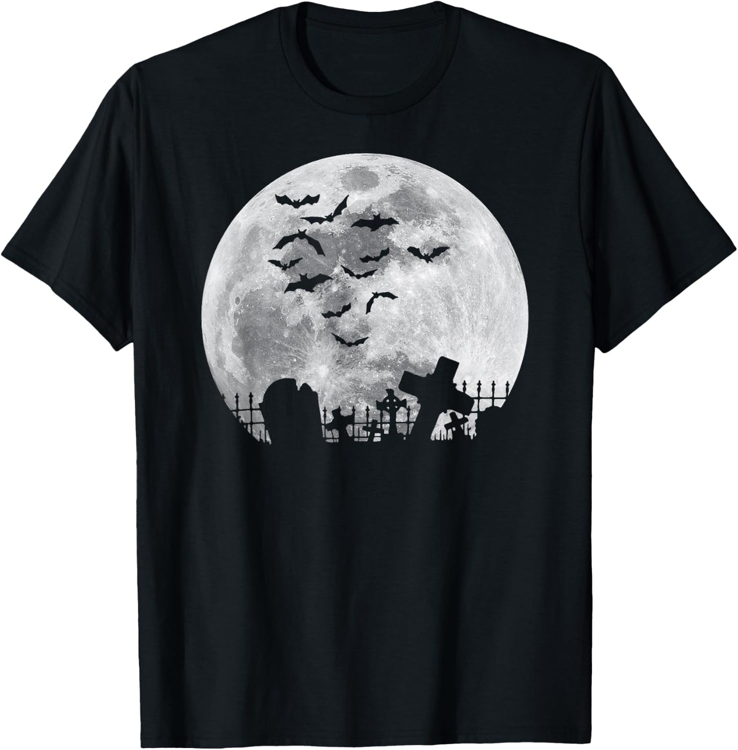Halloween Full Moon Cemetery Graveyard Spooky Bats Night T-Shirt - T-Shirt | Black