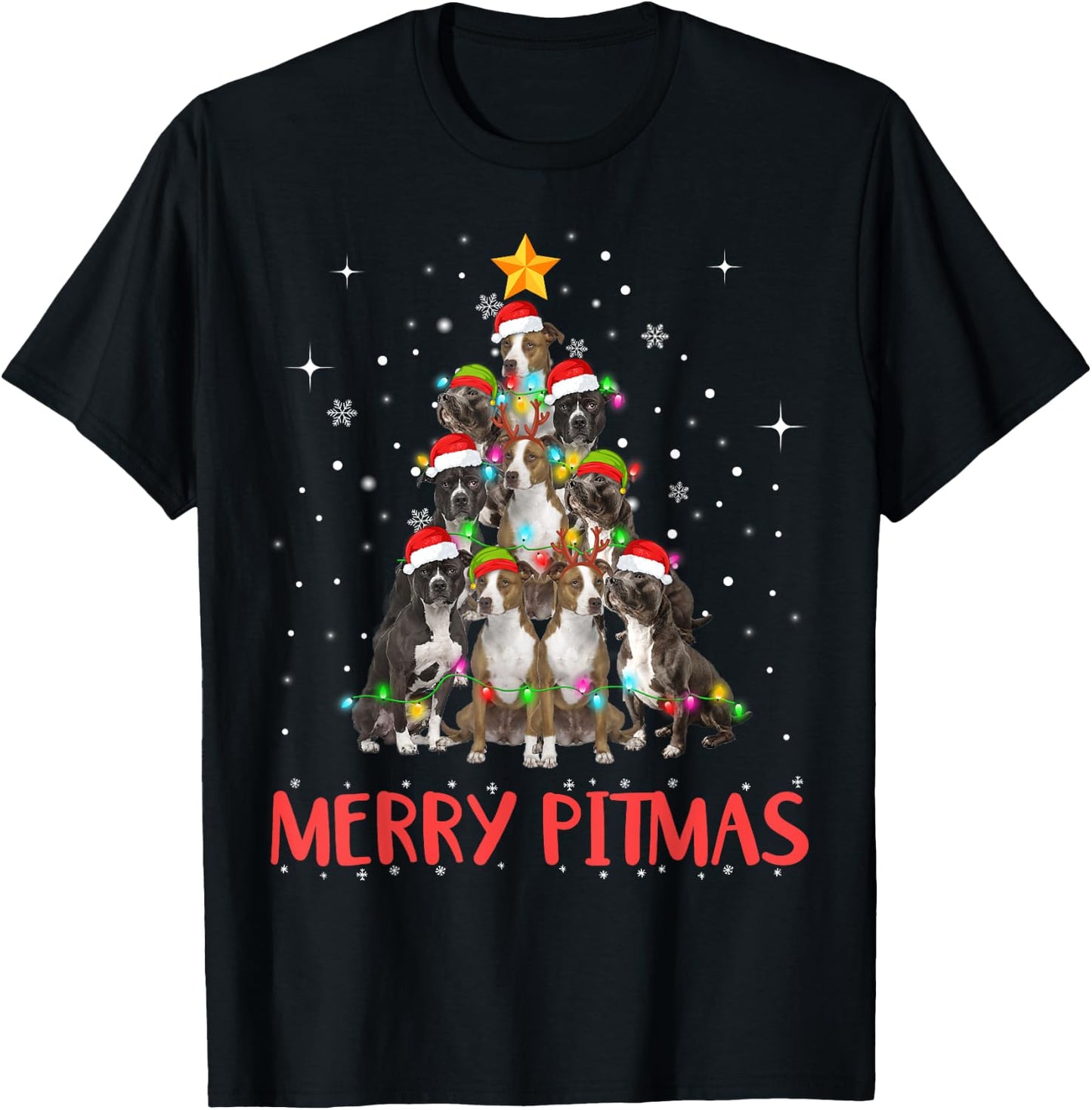 Merry Pitmas Pitbull Dog Ugly Christmas Sweater Tree Dogs T-Shirt - T-Shirt | Black
