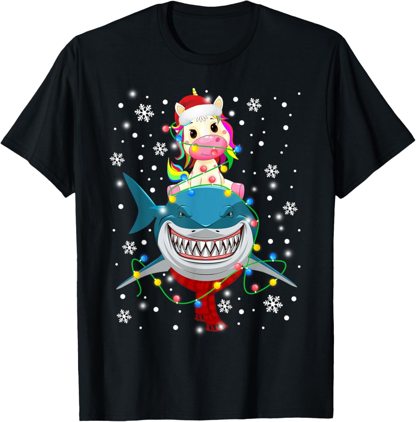 Unicorn Riding Shark Christmas Lights Gift Kids Boy Girl T-Shirt - T-Shirt | Black