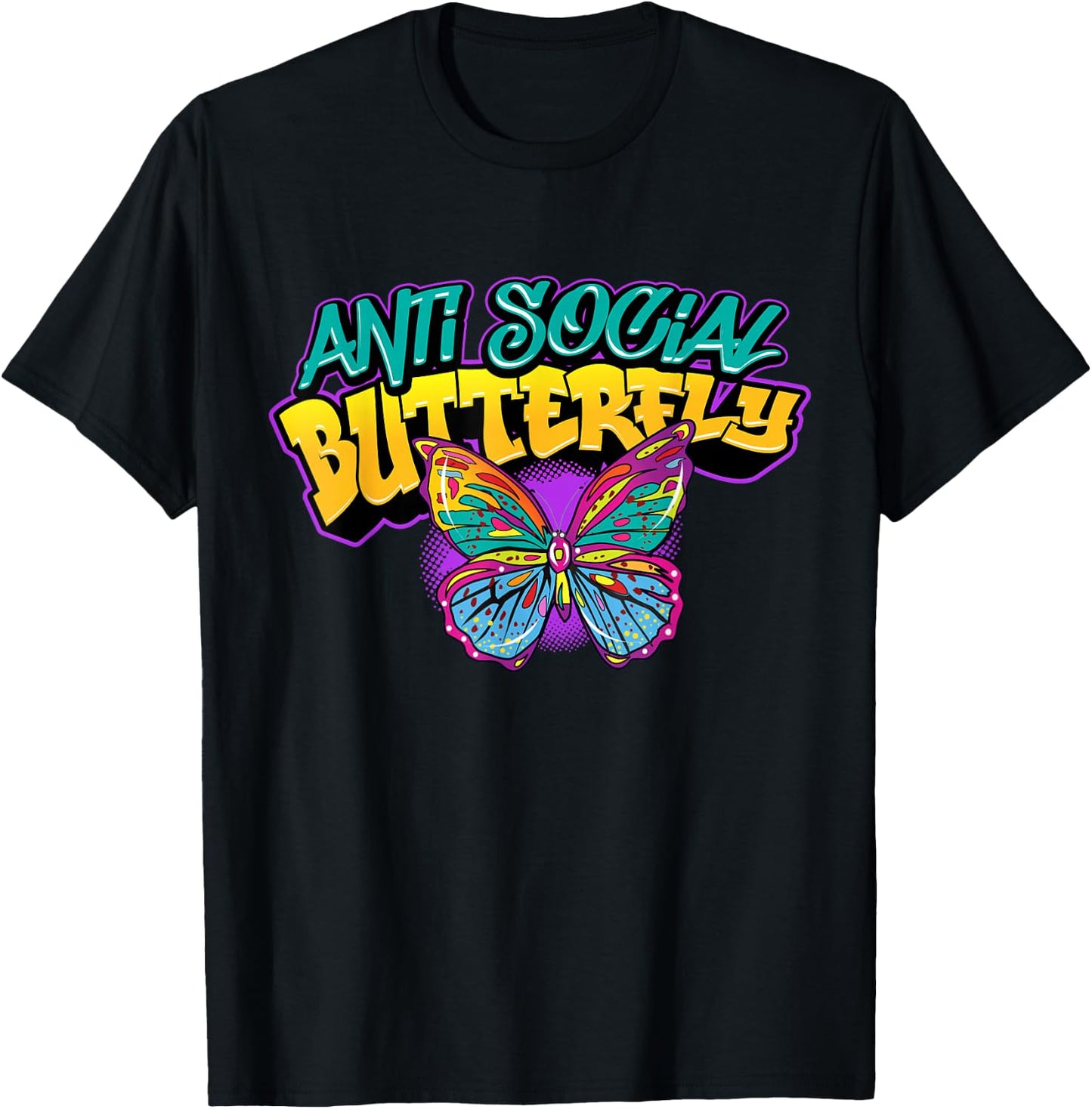 Retro Graffiti Art Colorful Antisocial Butterfly Introvert T-Shirt - T-Shirt | Black