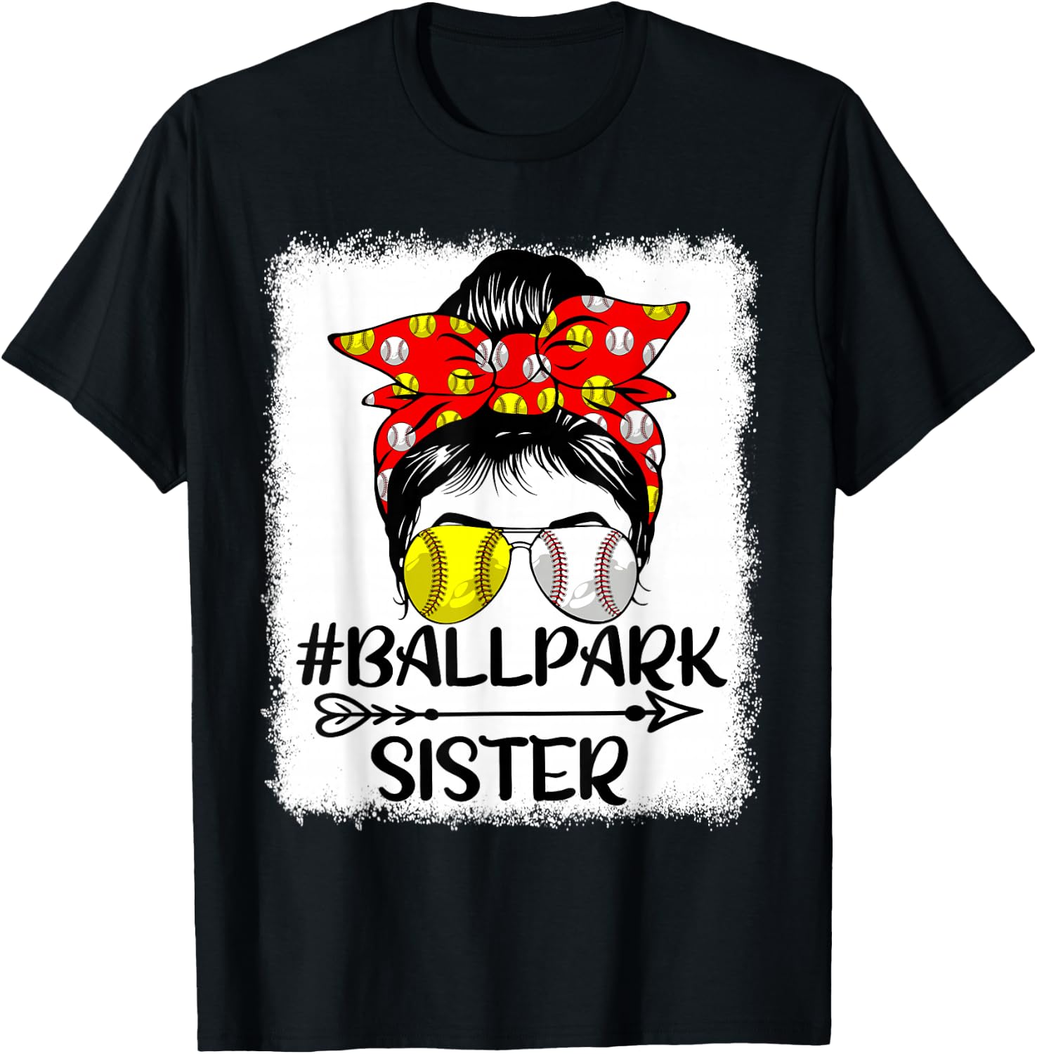 Messy Bun Hair BallPark Sister Softball Baseball Mothers Day T-Shirt - T-Shirt | Black
