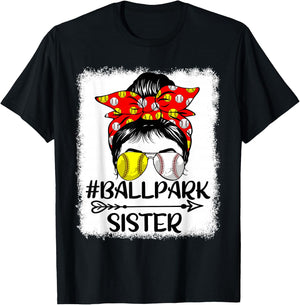 Messy Bun Hair BallPark Sister Softball Baseball Mothers Day T-Shirt - T-Shirt | Black