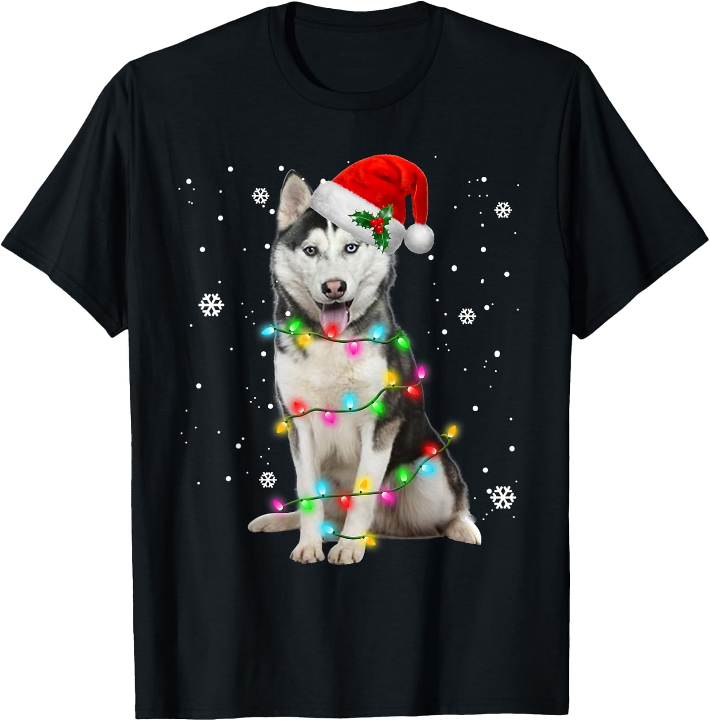 Husky Dog Santa Hat Christmas Tree Xmas Gifts For Dogs Lover Women Kids T-Shirt - T-Shirt | Black