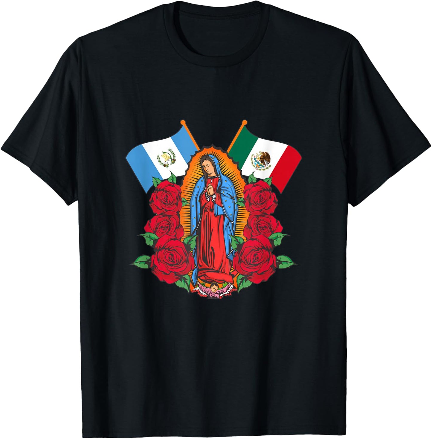 Virgen de Guadalupe con bandera de Guatemala y México T-Shirt - T-Shirt | Black