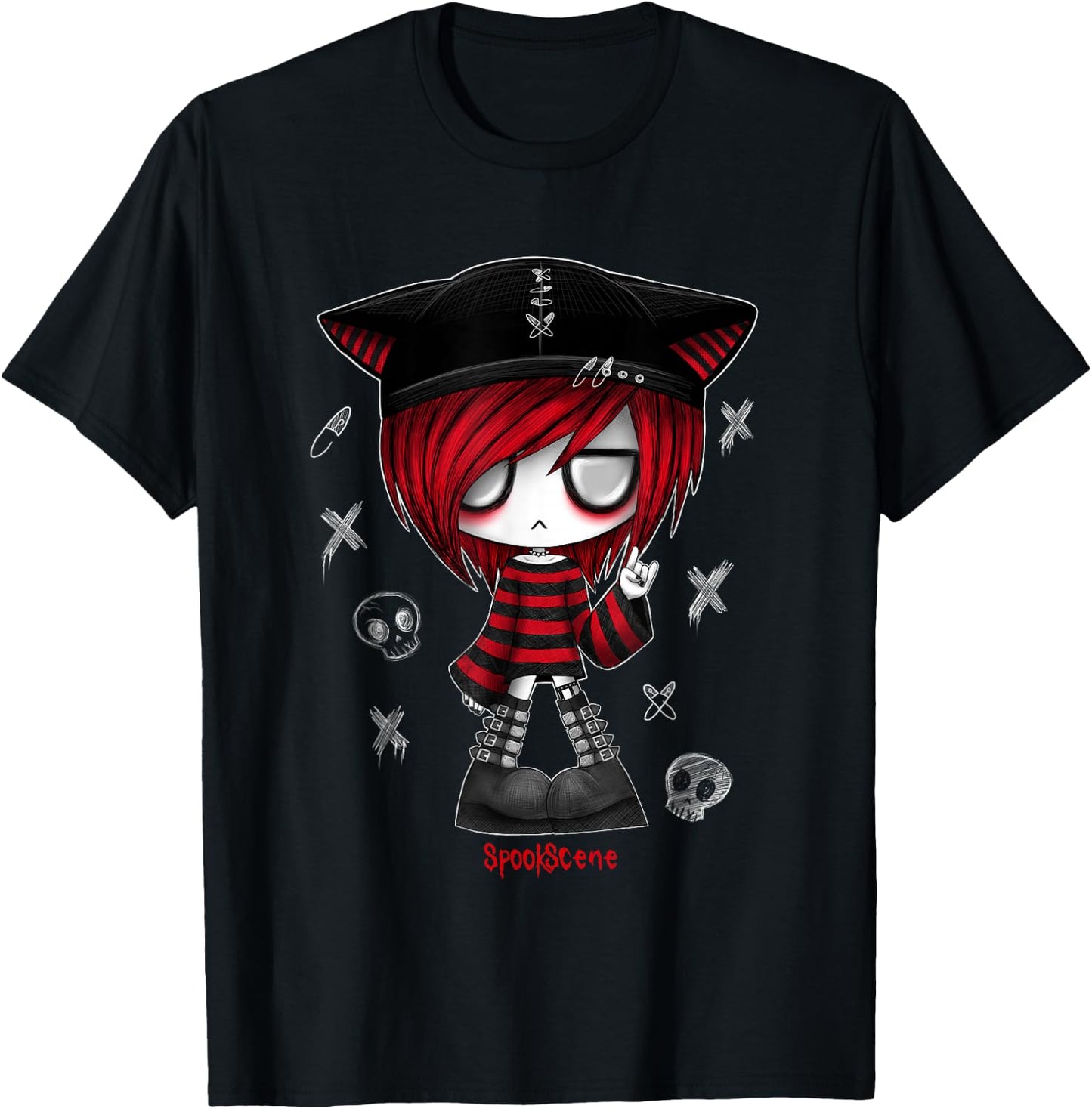 Spookscene Edgy Kitty Hat Scene Kid Emo Alt Goth Red T-Shirt - T-Shirt | Black