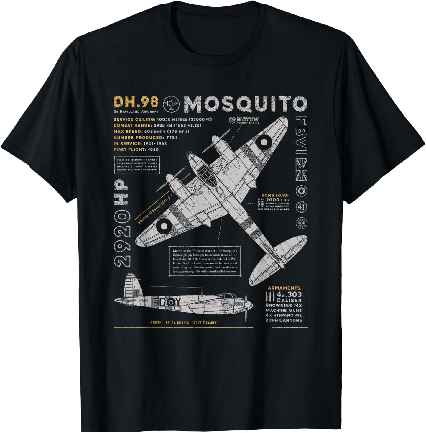 de Havilland Mosquito Fighter Bomber | British WW2 RAF DH.98 T-Shirt - T-Shirt | Black