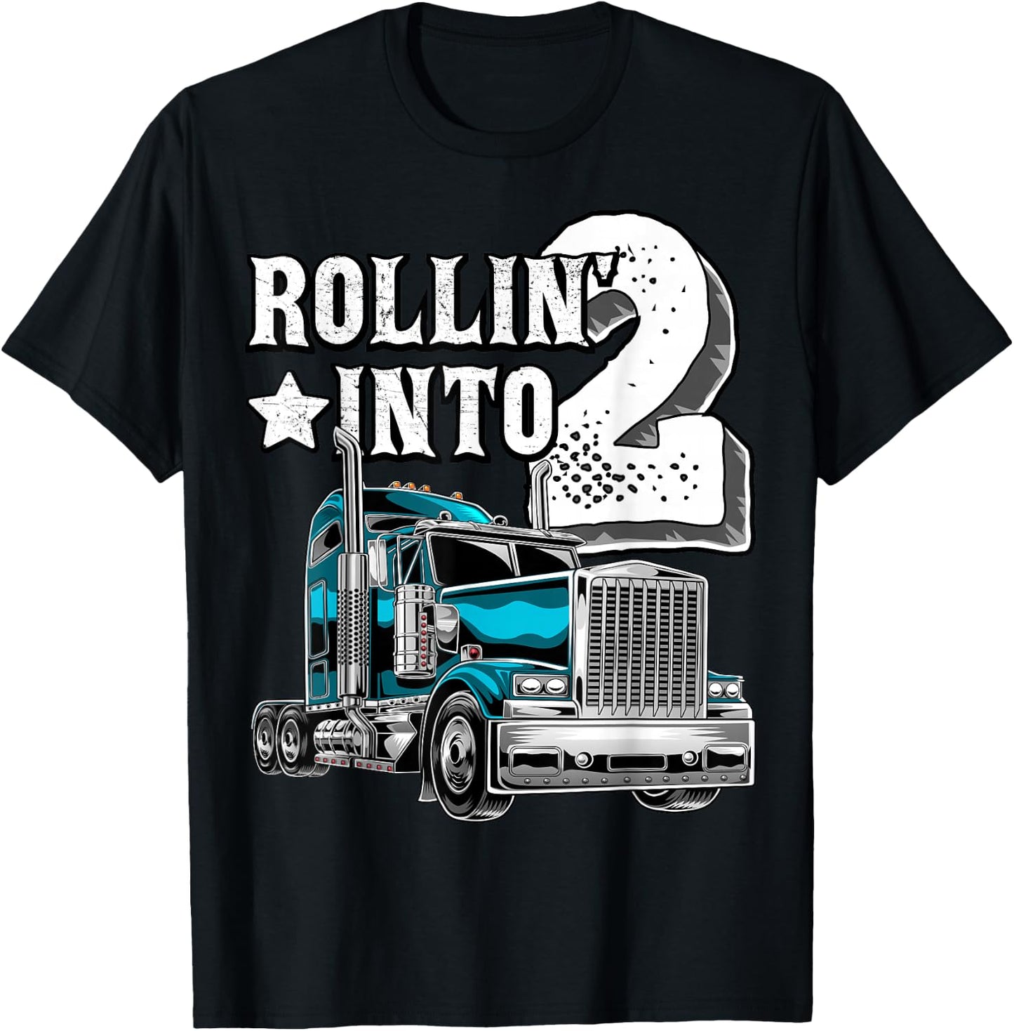 Rollin into 2 Big Rig Semi-Trailer Truck 2nd Birthday Gift T-Shirt - T-Shirt | Black