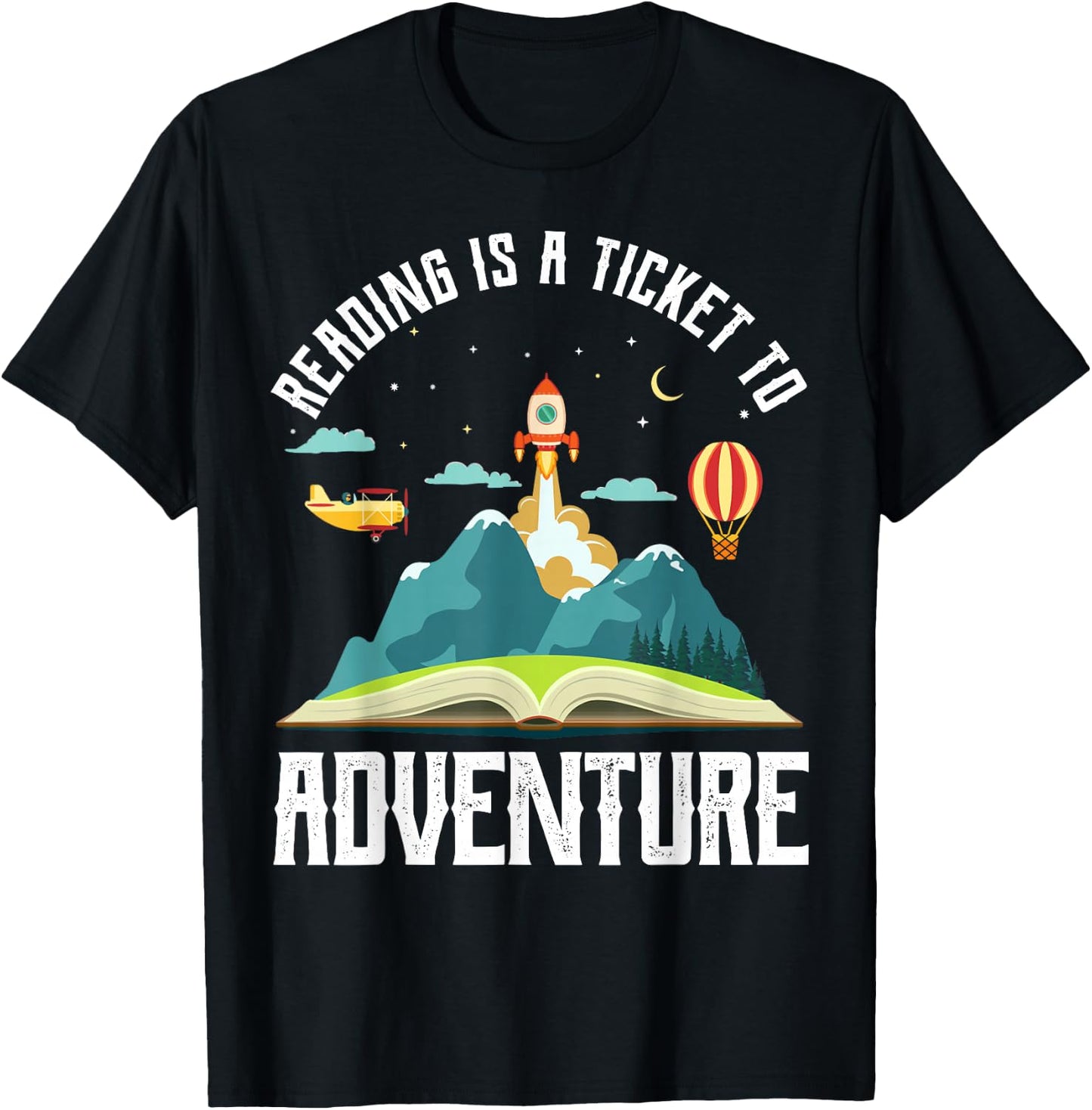 Reading Is A Ticket To Adventure Bookworms Space Rocket T-Shirt - T-Shirt | Black