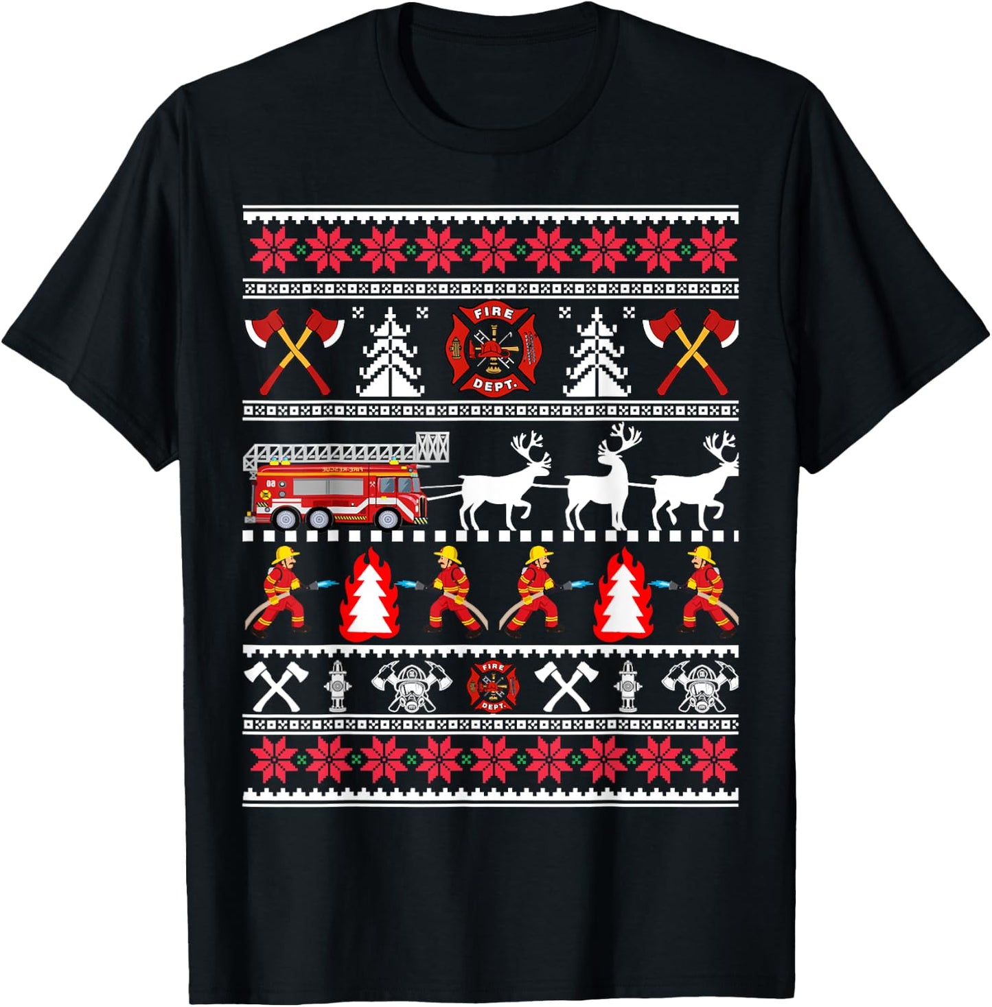 Firefighter Ugly Christmas Sweater, Fireman Fire Department T-Shirt - T-Shirt | Black