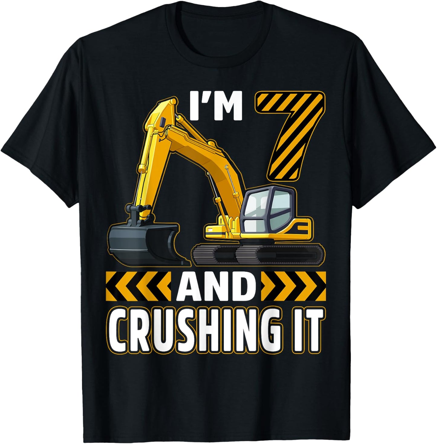 7 Year Old Construction Truck Excavator Birthday 7th B-day T-Shirt - T-Shirt | Black