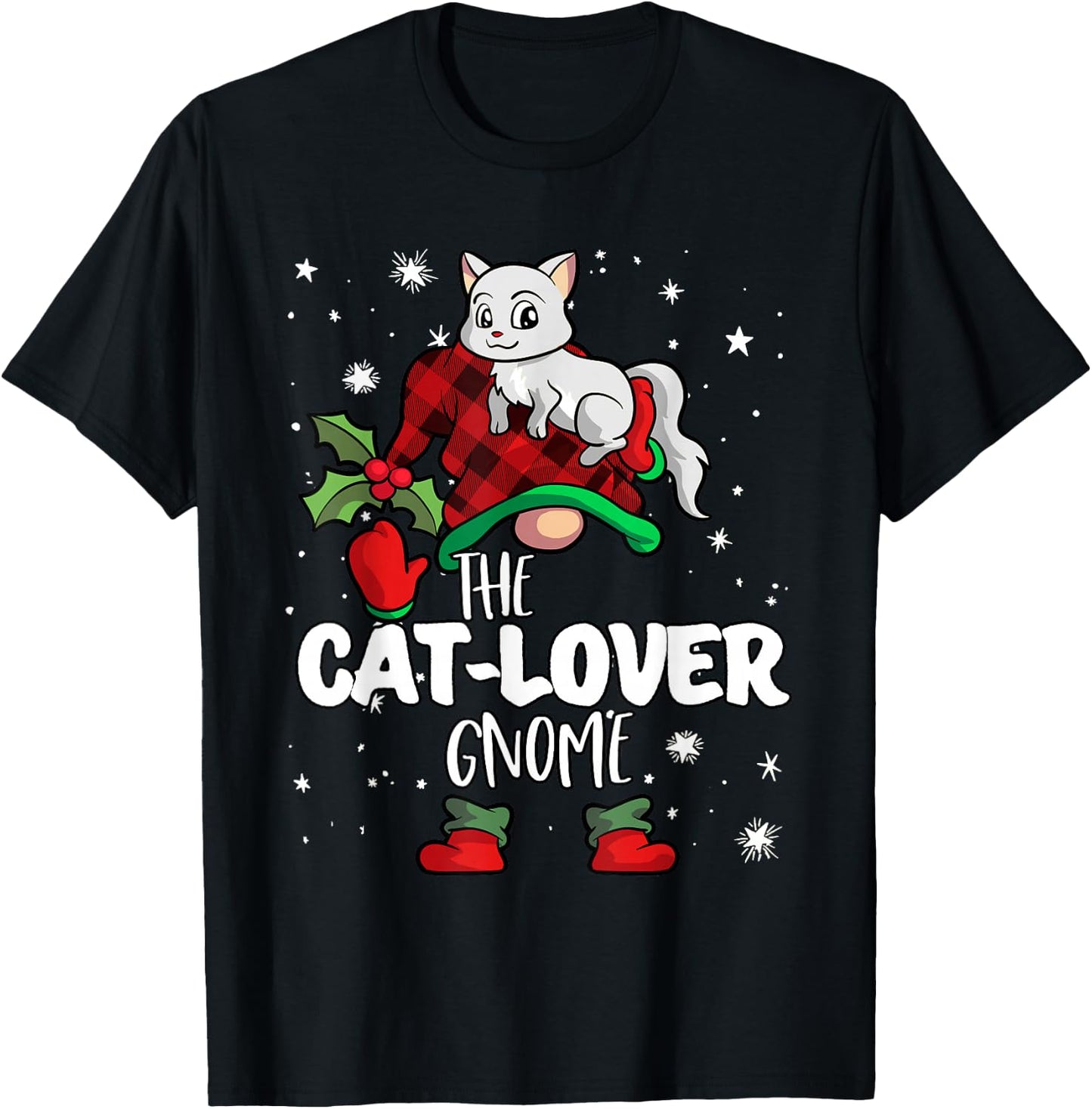 Cat Lover Gnome Red Buffalo Plaid Matching Family Christmas T-Shirt - T-Shirt | Black