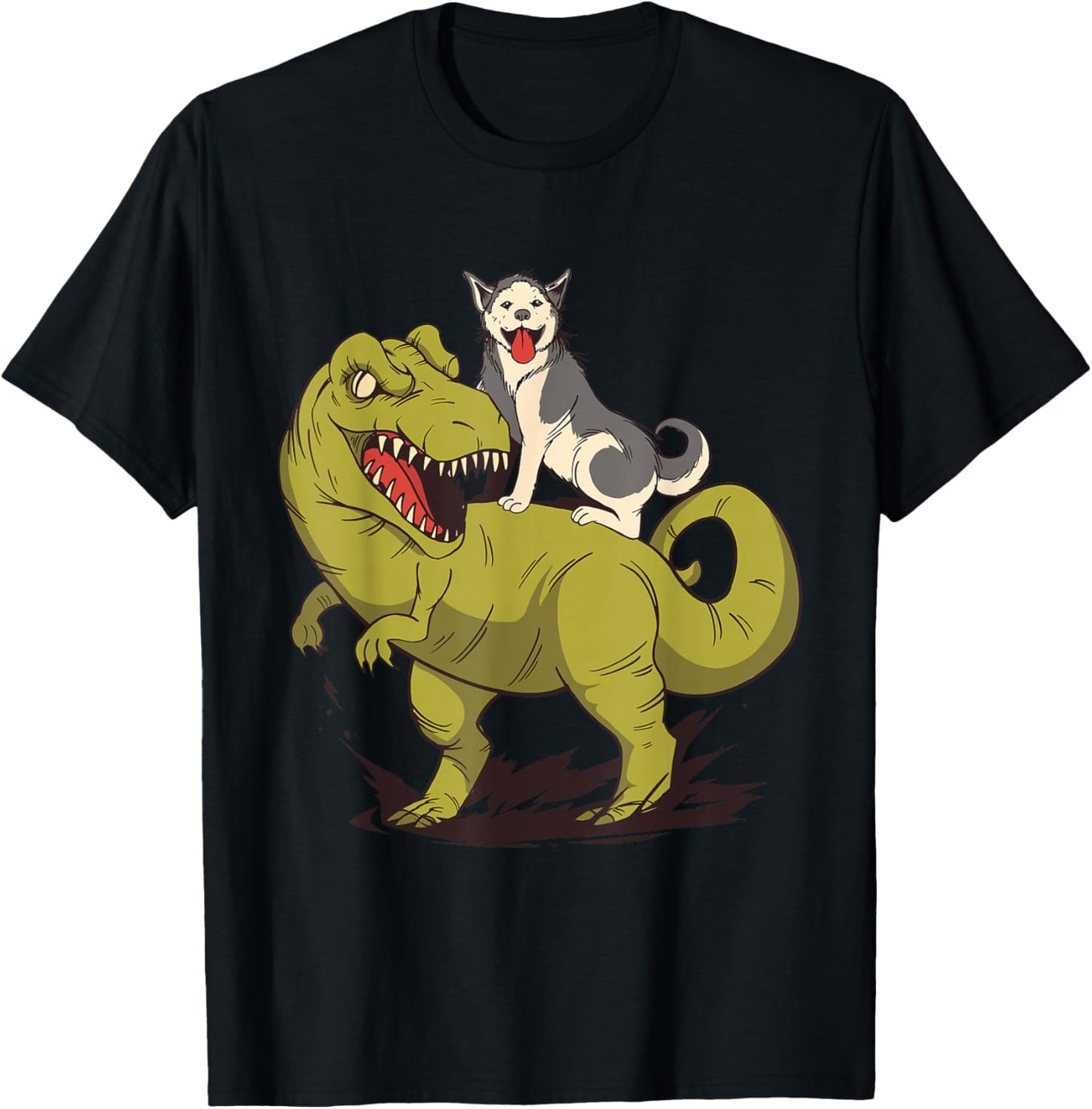 Funny Siberian Husky Dog Riding Dinosaur T-Shirt - T-Shirt | Black