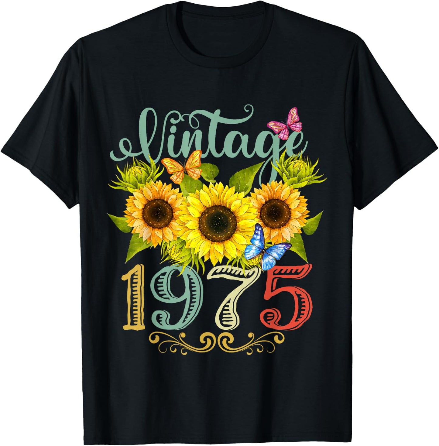 Sunflower Floral Butterfly Vintage 1975 Funny 50th Birthday T-Shirt - T-Shirt | Black