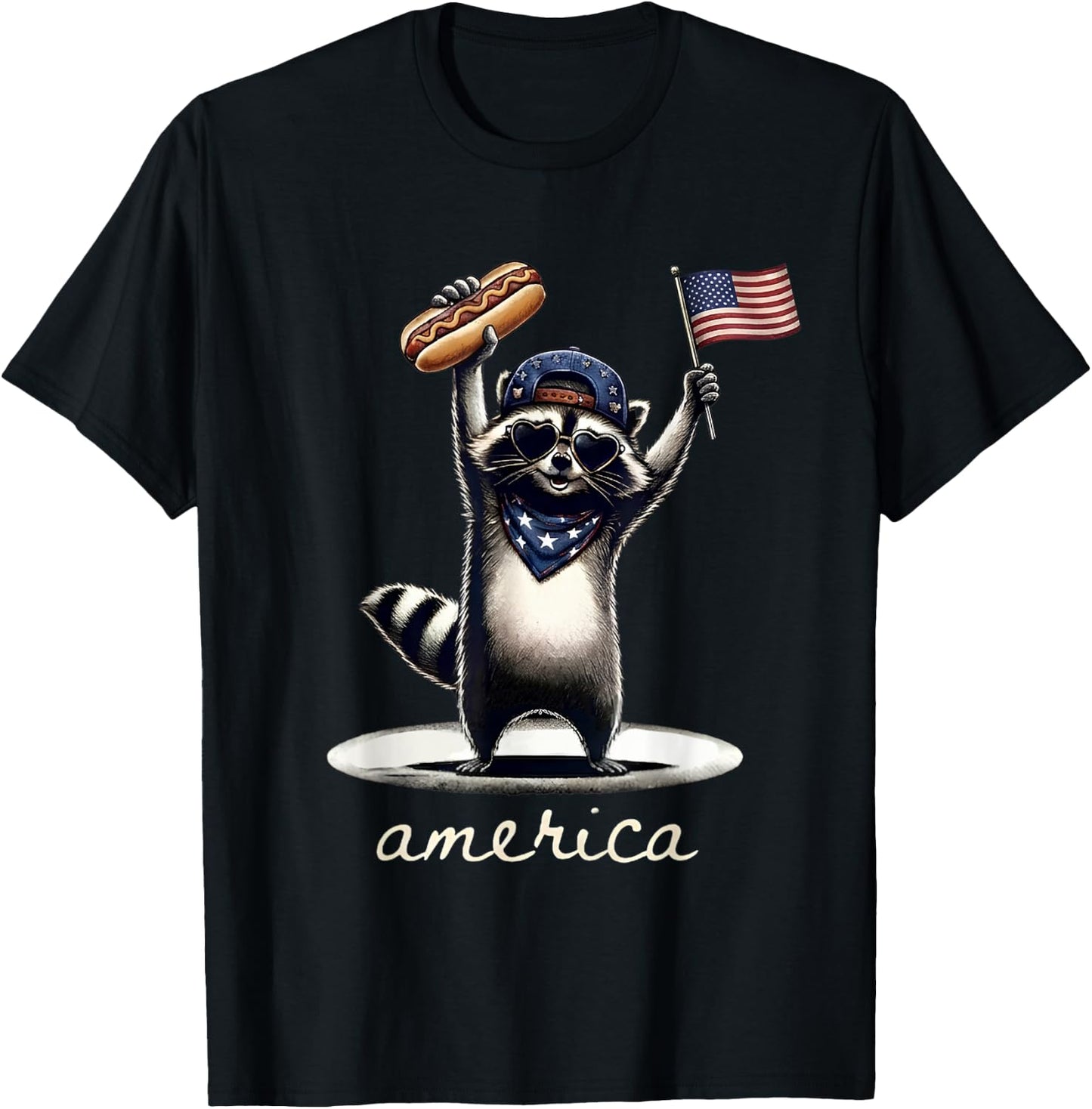 4th of July America Raccoon Holding Hotdog and US Flag T-Shirt - T-Shirt | Black