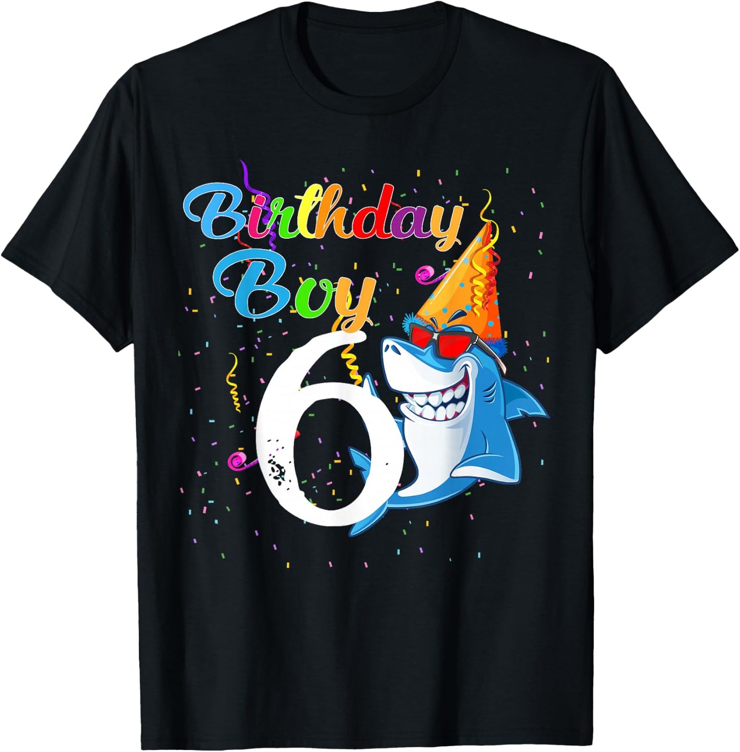 6th Birthday Boy Shark - 6 Year Old Boy Birthday T-Shirt - T-Shirt | Black
