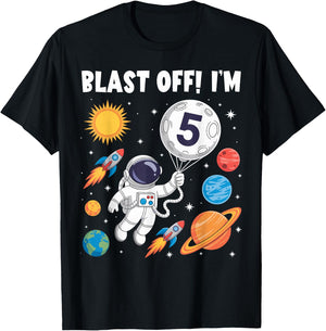 Blast Off I'm 5 Years Old 5th Birthday Spaceship Astronaut T-Shirt - T-Shirt | Black