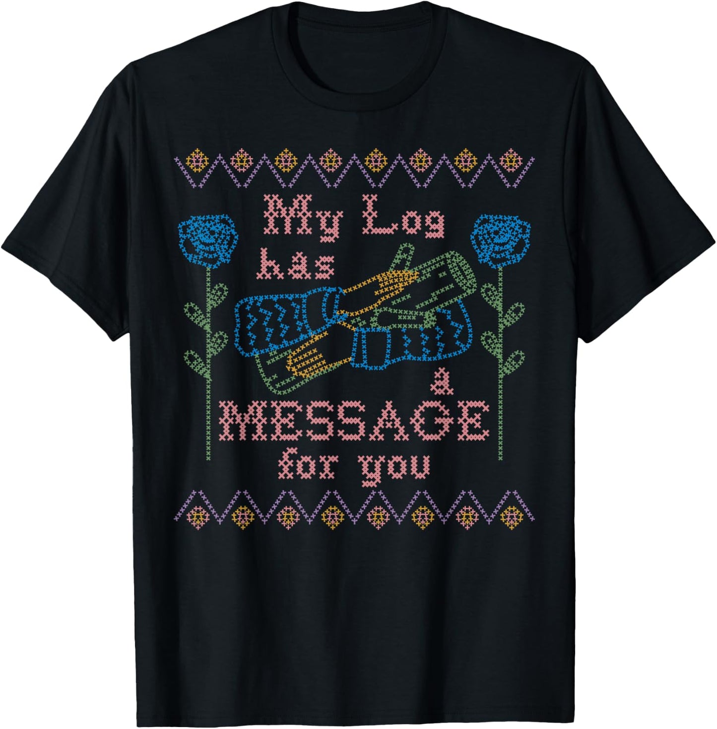 Twin Peaks Log Has A Message for You Needlepoint T-Shirt - T-Shirt | Black
