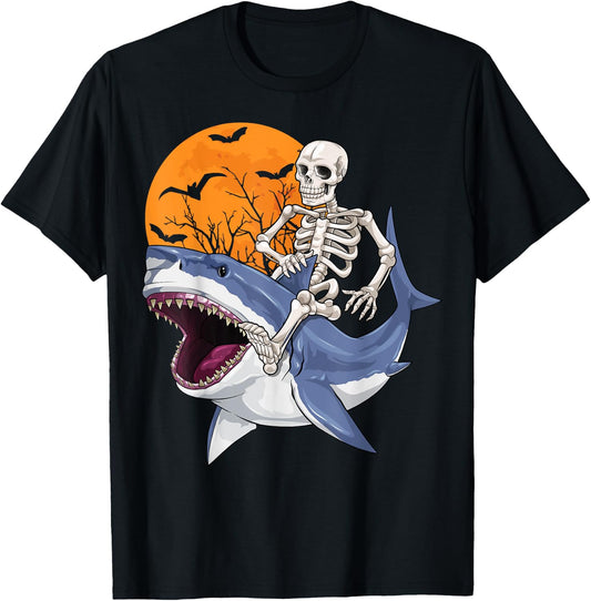 Skeleton Riding Shark Funny Halloween Costume Boys Kids T-Shirt - T-Shirt | Black