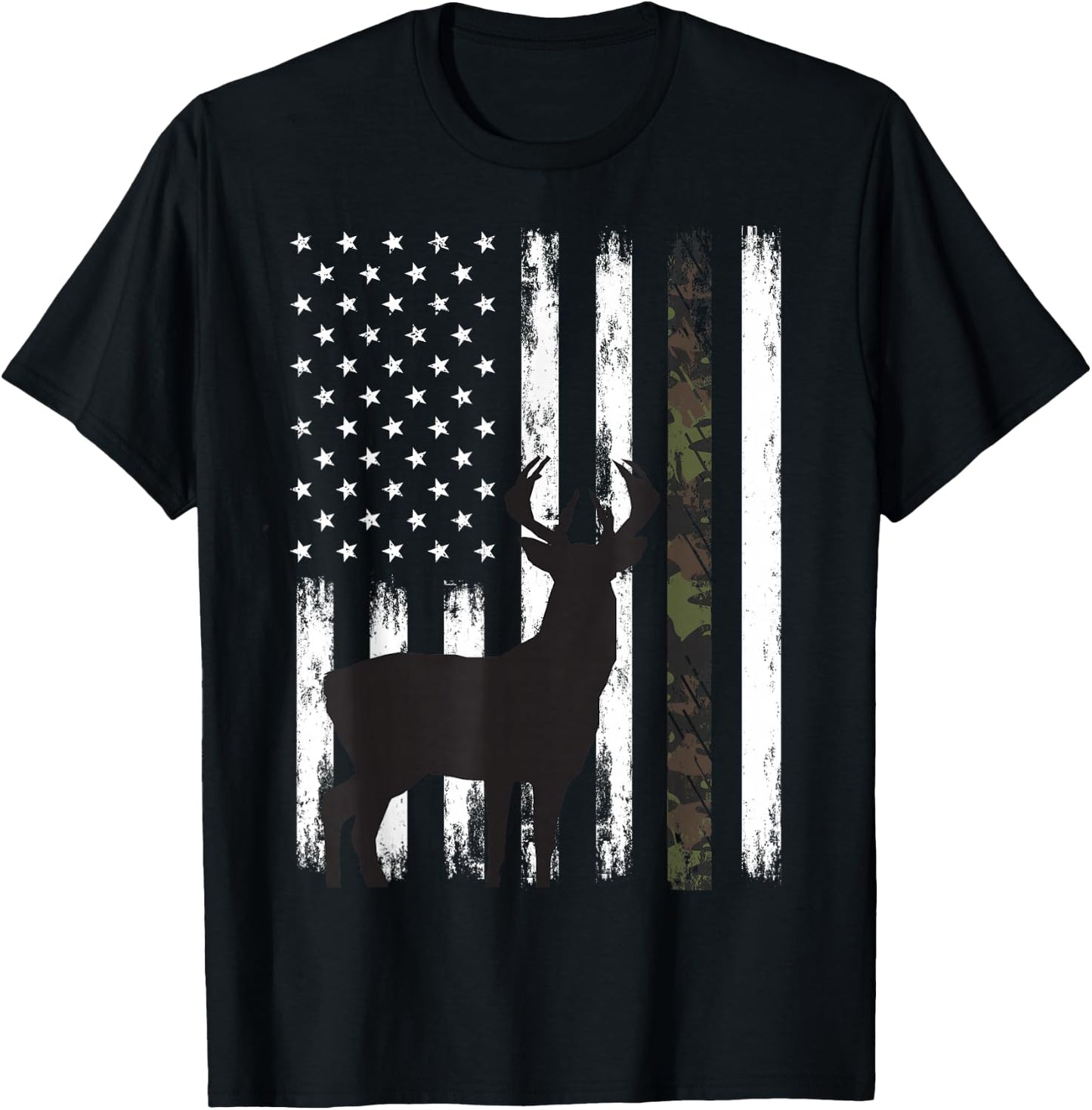Whitetail Deer Hunting Hunter Buck Camo American Flag USA T-Shirt - T-Shirt | Black