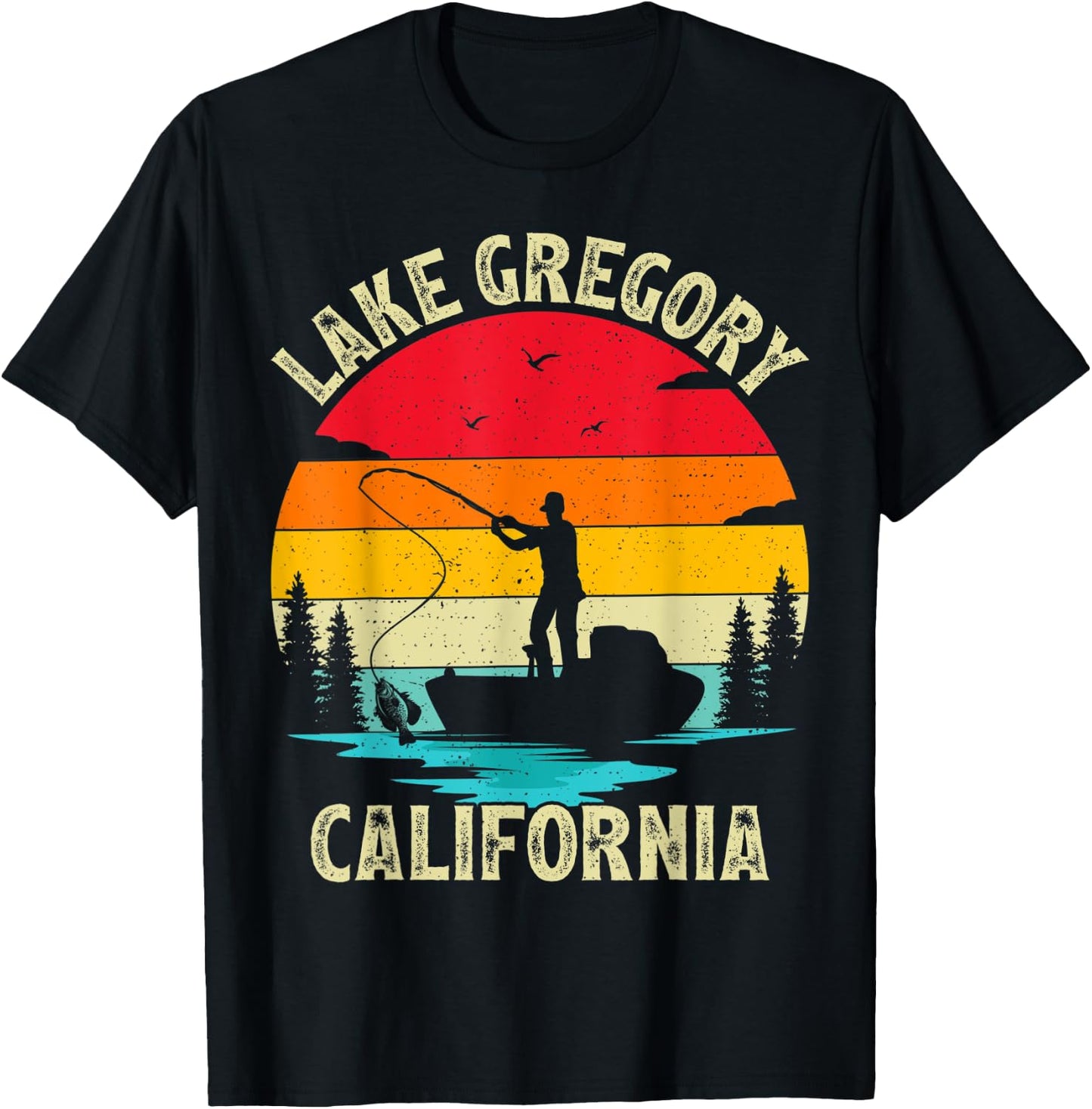 Summer Vacation Fishing Vintage California Gregory Lake Men Women Kids T-Shirt - T-Shirt | Black