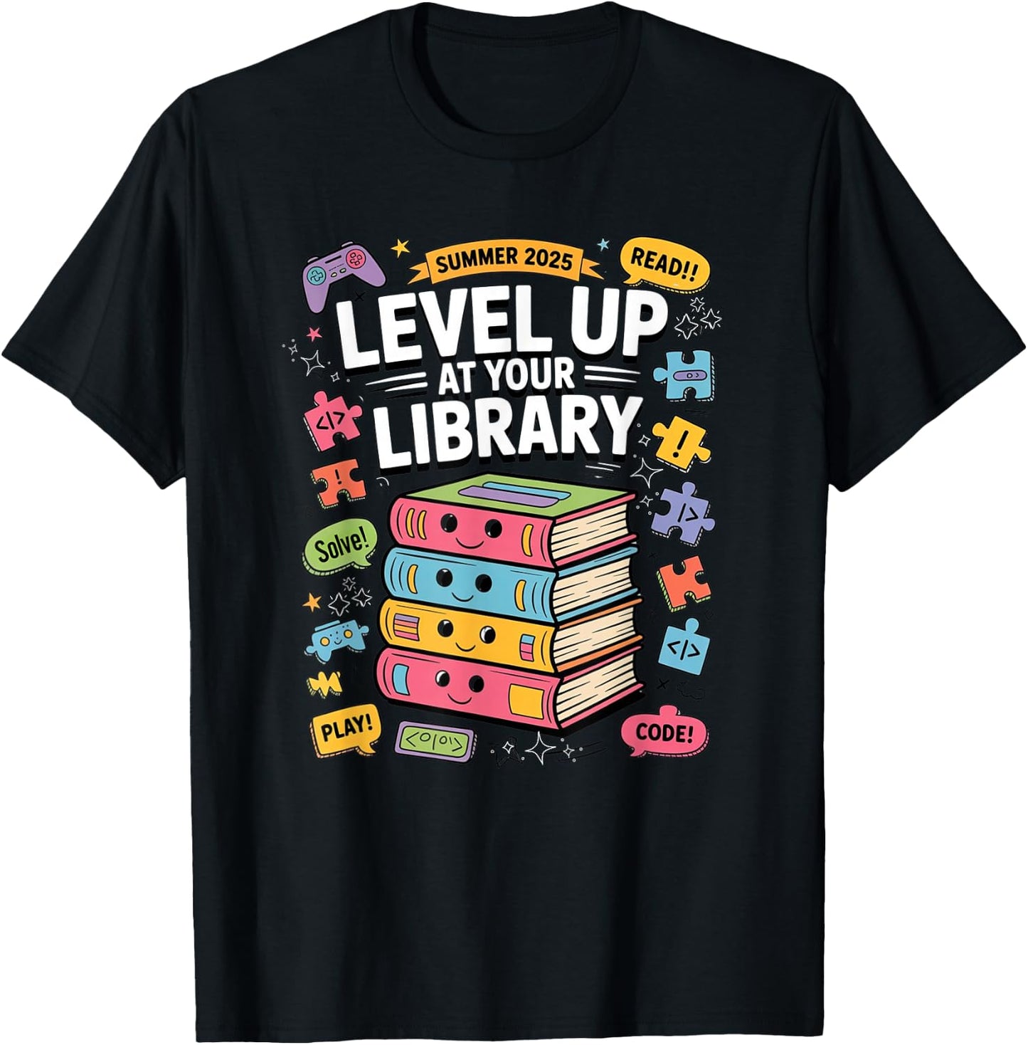 Level up at your Library Challenge Summer 2025 Read Code T-Shirt - T-Shirt | Black