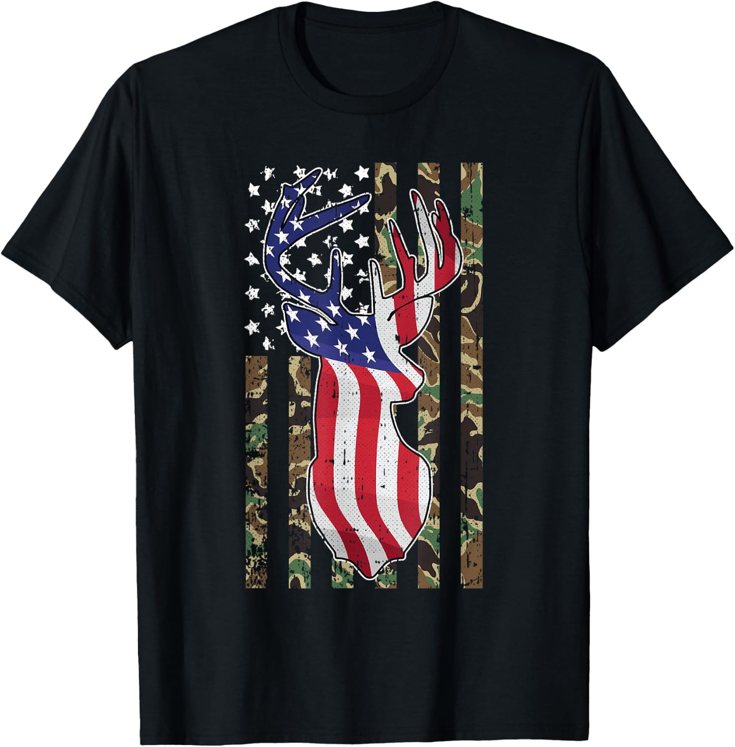 Deer Hunting 4th Of July American Flag Camo Patriotic Hunter T-Shirt - T-Shirt | Black
