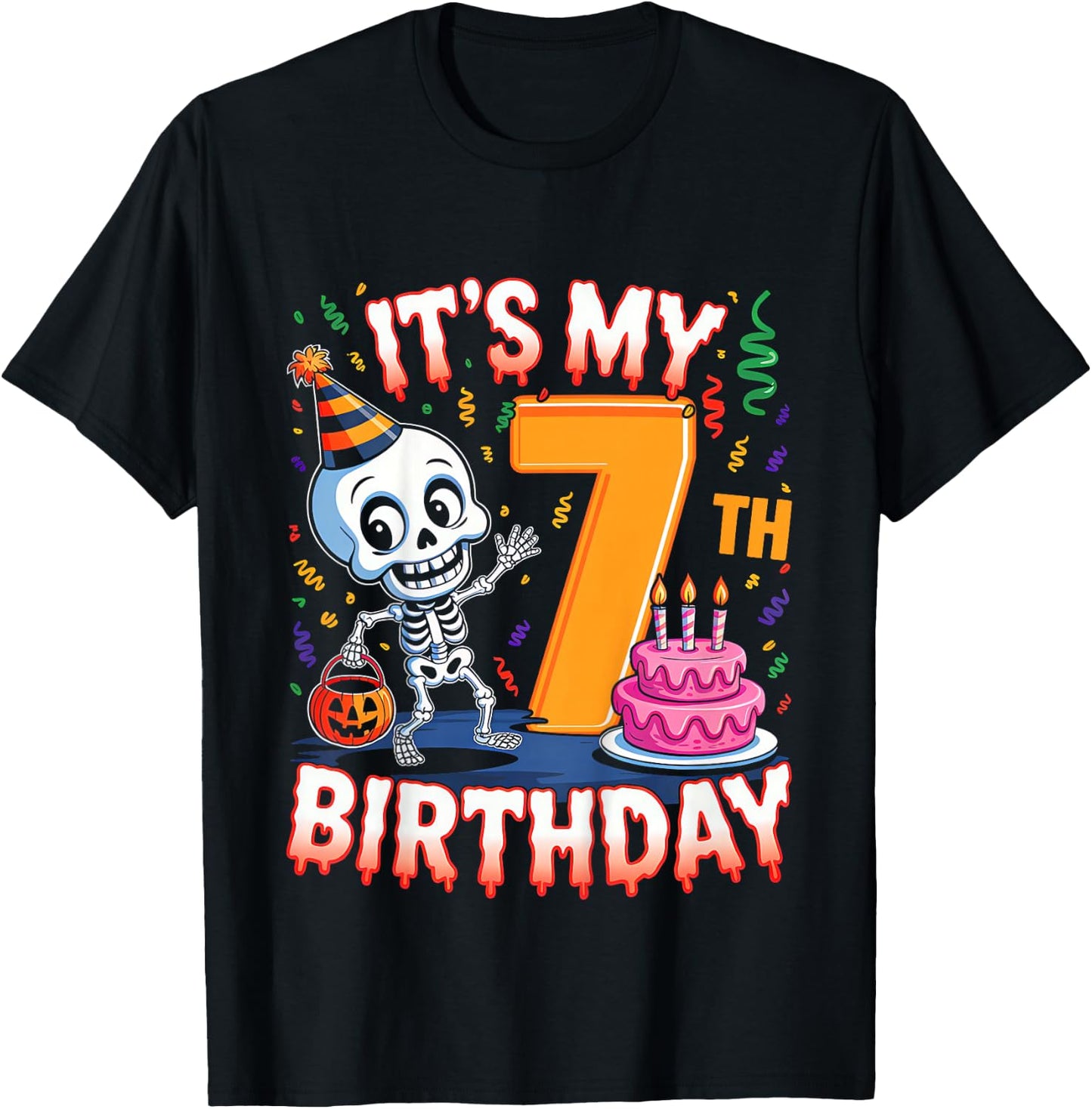 Kids Boo It's My 7th Birthday Halloween Skeleton 7 Years Old T-Shirt - T-Shirt | Black