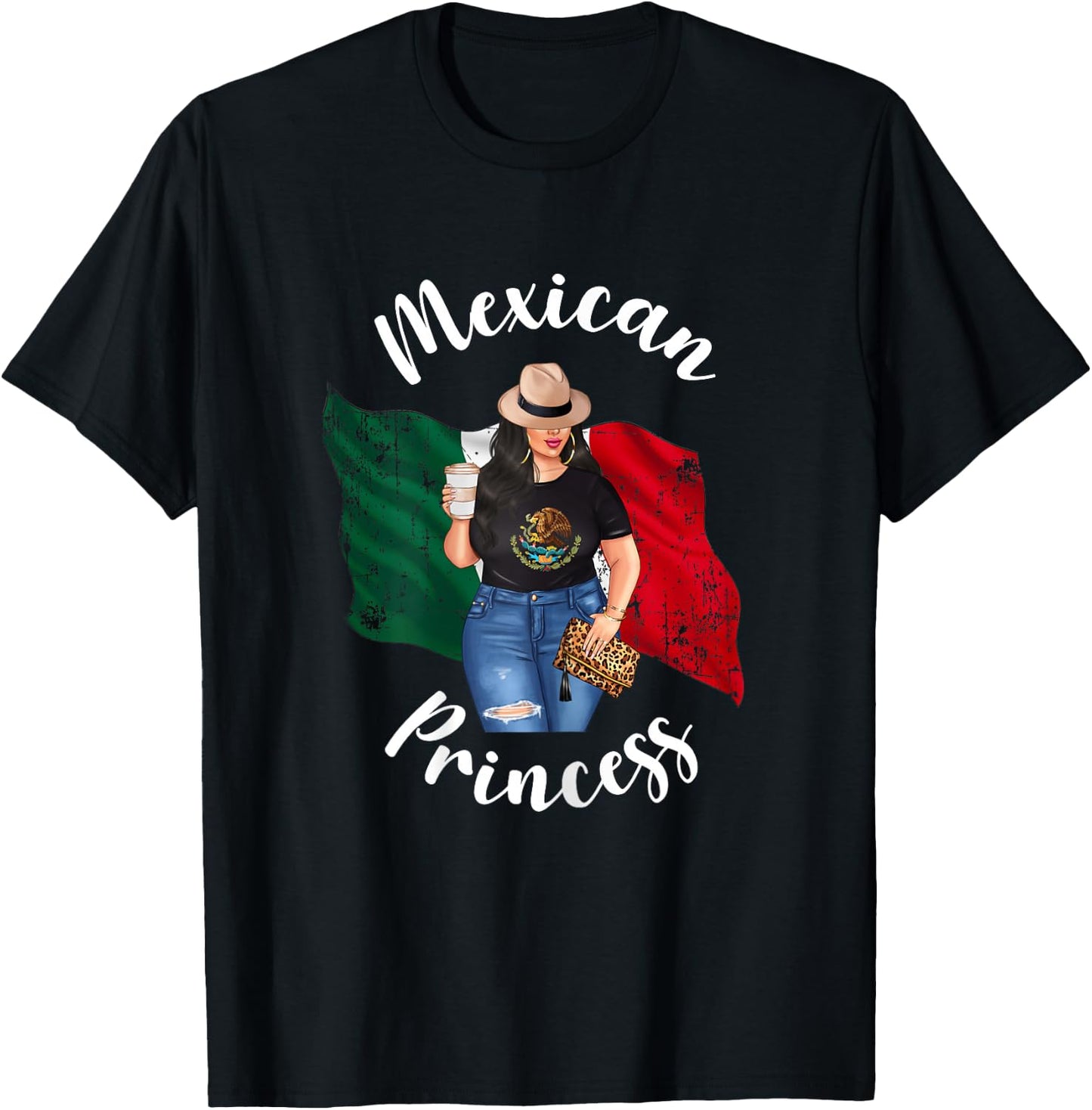 Pretty Mexican Princess Mexico Flag Patriotic Loves Coffee T-Shirt - T-Shirt | Black