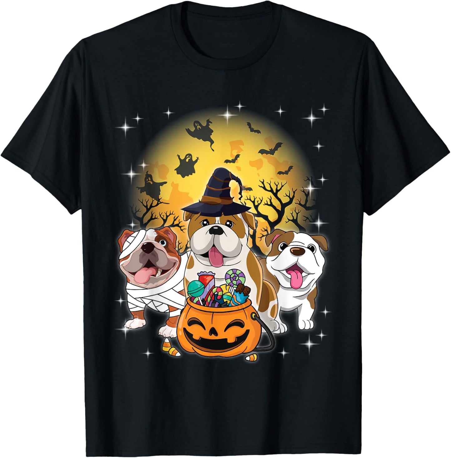 English Bulldog Mummy Witch Dog Moon Ghosts Halloween Day Women Kids T-Shirt - T-Shirt | Black