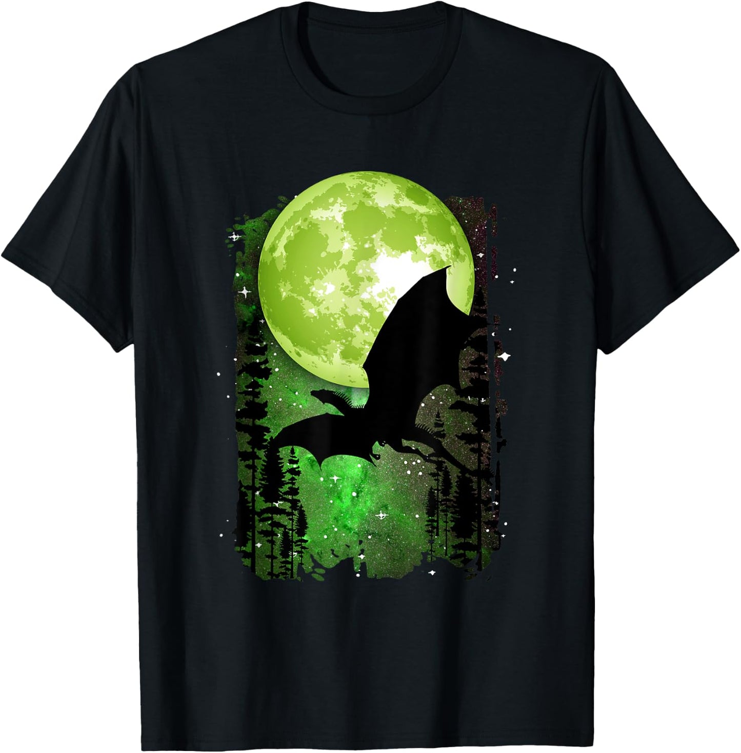 Dragon Fantasy Full Moon Galaxy Star Night Graphic T-Shirt - T-Shirt | Black