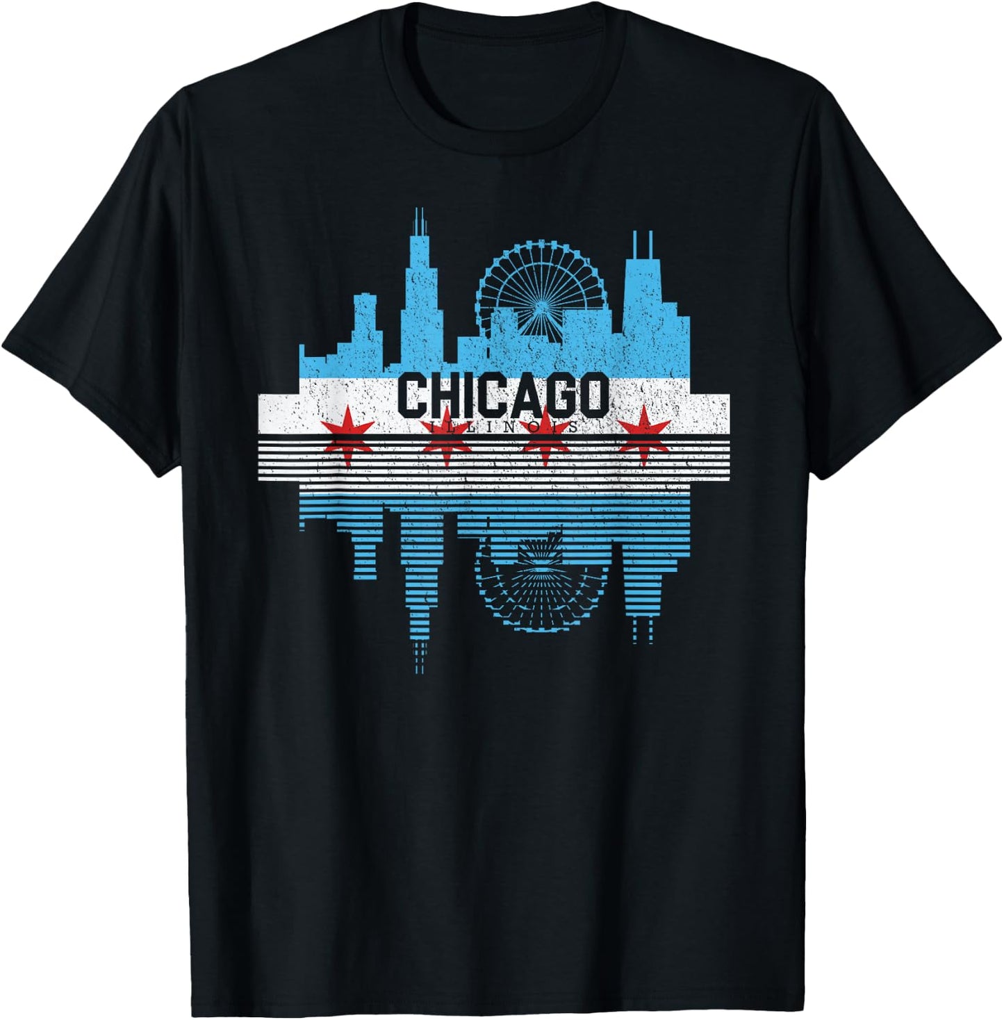Vintage Chicago Illinois Flag Skyline Men Women T-Shirt - T-Shirt | Black