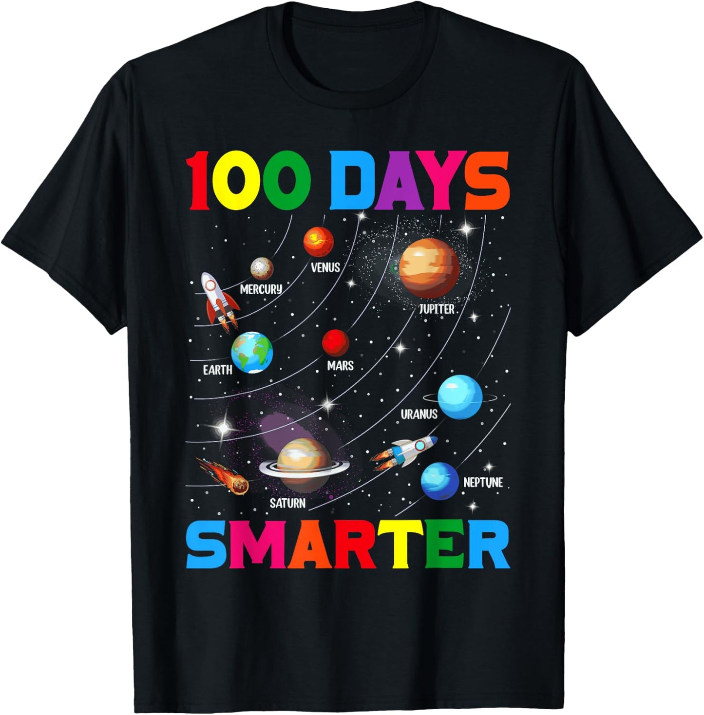 Funny 100 Days Smarter Planets Happy 100 Days Of School Kids T-Shirt - T-Shirt | Black
