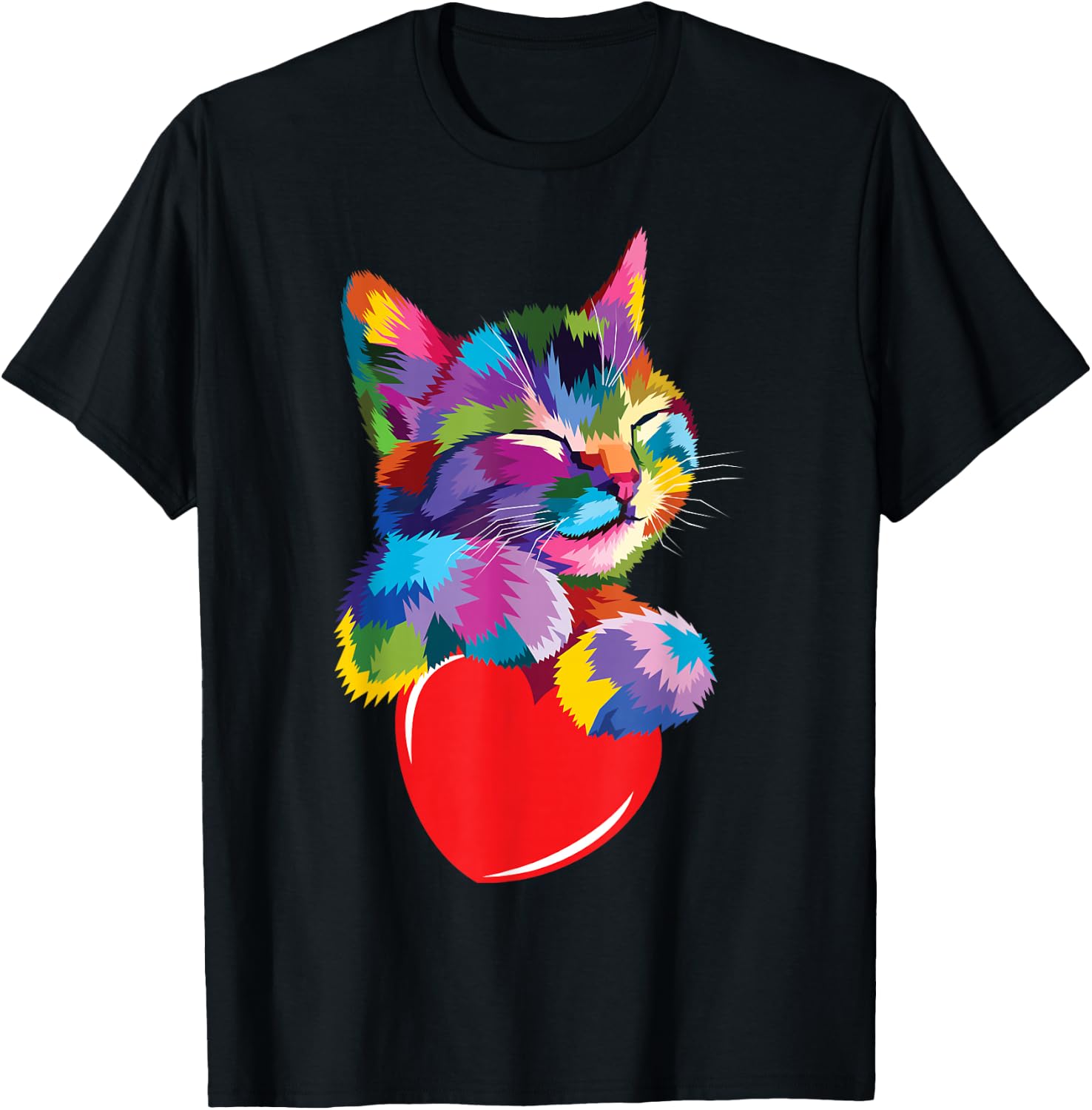 Color Critters Rainbow Cute Cat Hugging Valentine Heart Kitty Love Cat Adult Multicolor Cotton 65% Polyester 35% Short Sleeve T-Shirt - T-Shirt | Black
