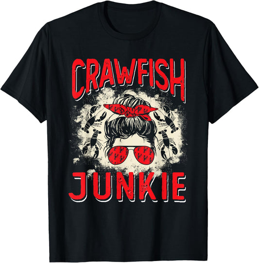 Bleached Crawfish Junkie Women Messy Bun Funny Crawfish Boil T-Shirt - T-Shirt | Black