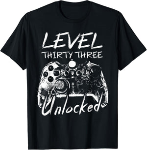 Level 33 Unlocked 33 Years Old Vintage Gamer 33rd Birthday T-Shirt - T-Shirt | Black