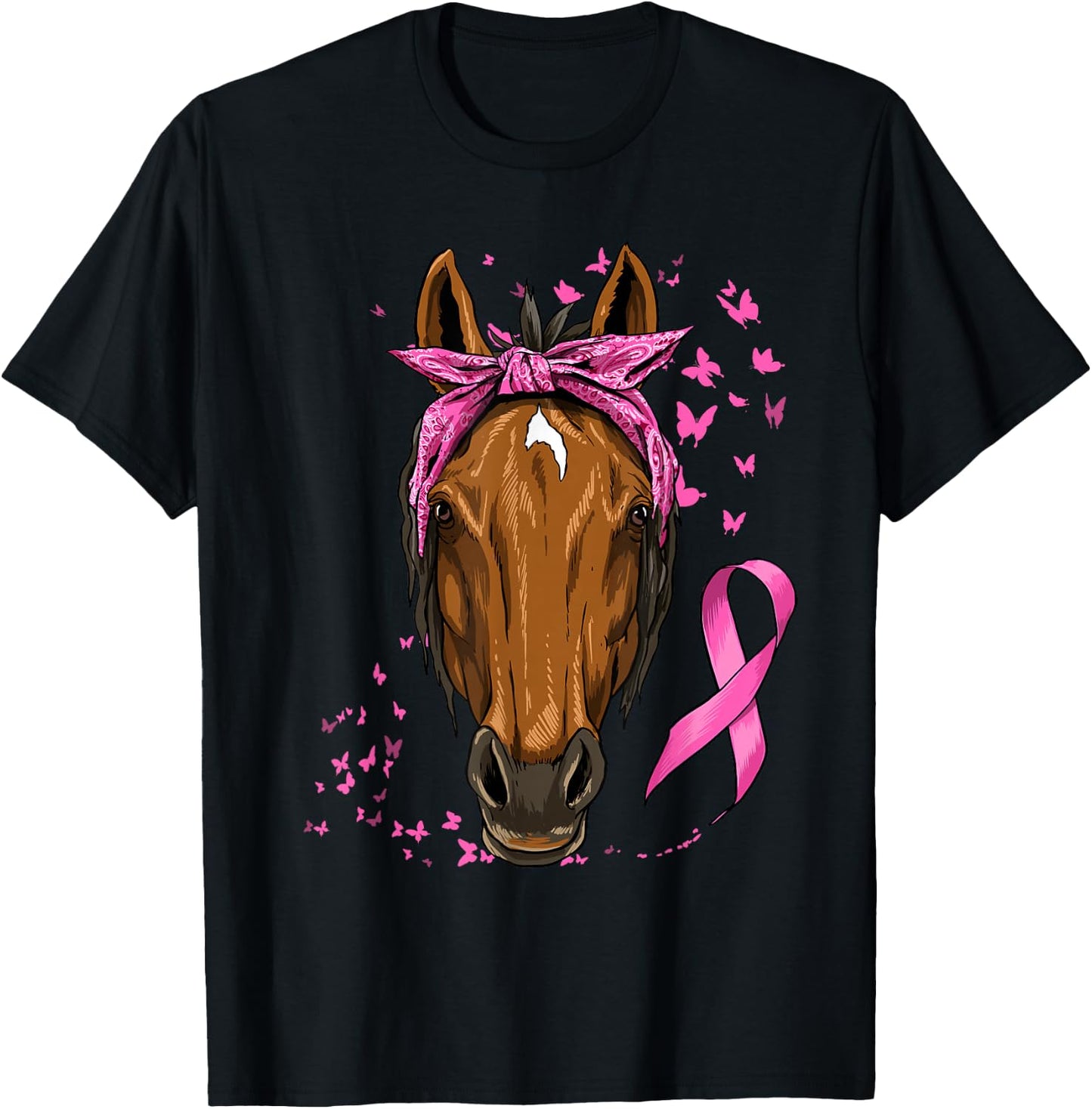 Breast Cancer Awareness Horse Pink Ribbon Cancer Survivor T-Shirt - T-Shirt | Black