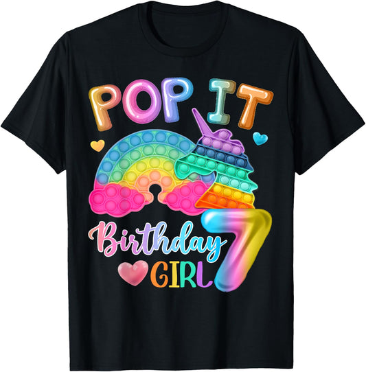 Kids Pop It Birthday Girl 7 for 7yr Old Girls Unicorn Party T-Shirt - T-Shirt | Black