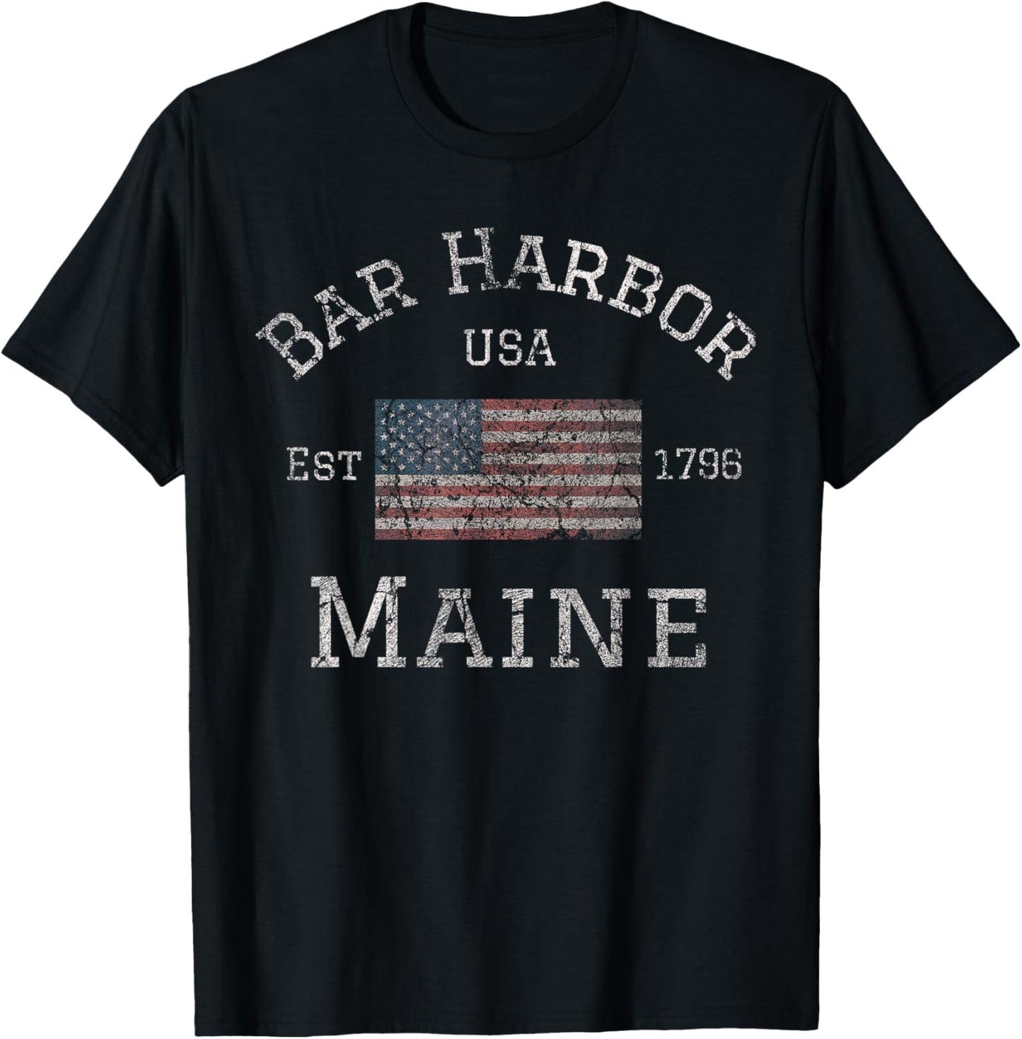 Bar Harbor Maine USA American Flag Established ME Vintage T-Shirt - T-Shirt | Black