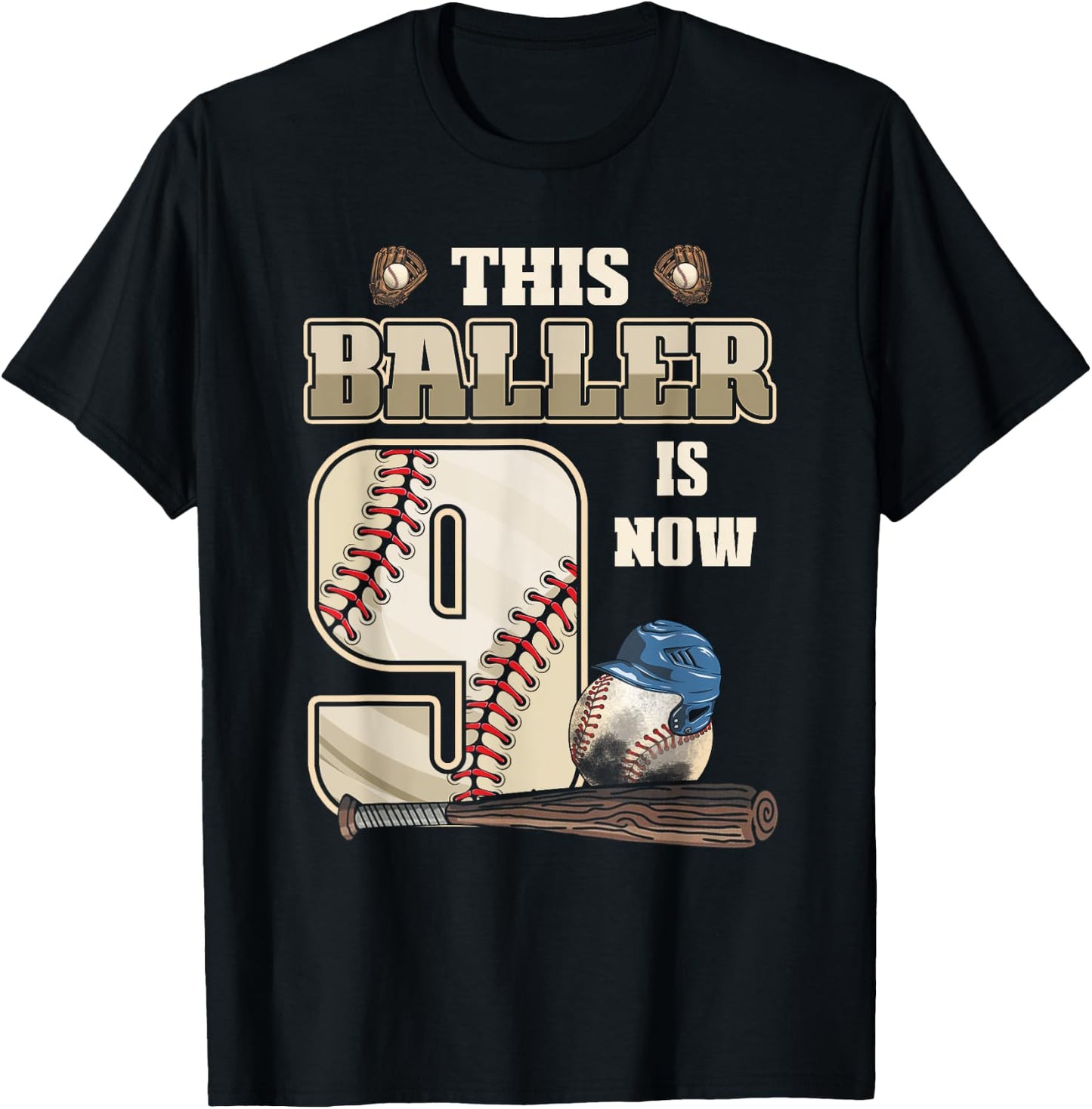 This Baller Is Now 9th Birthday Nine Years Old Baseball T-Shirt - T-Shirt | Black