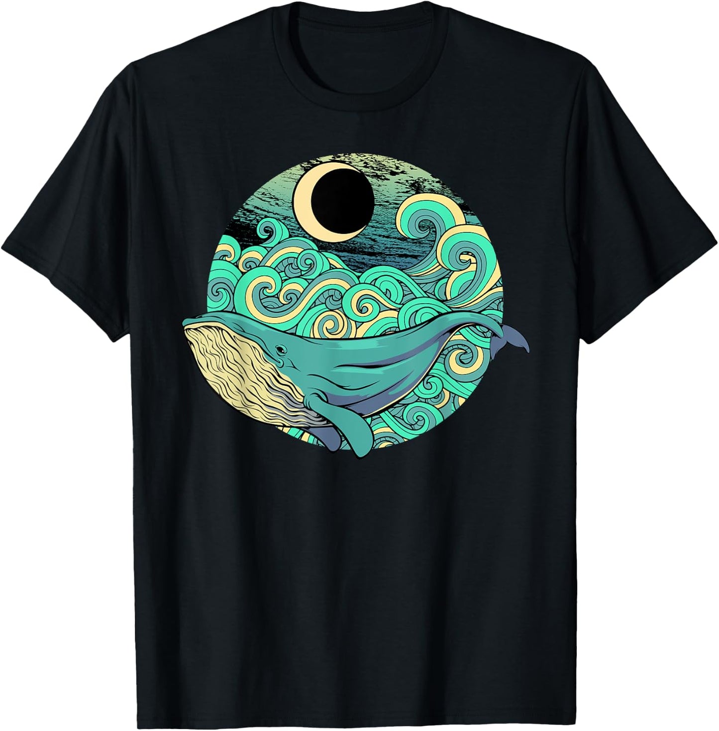 Humpback Whale Marine Life Ocean Nature Sea Blue Waves Moon T-Shirt - T-Shirt | Black